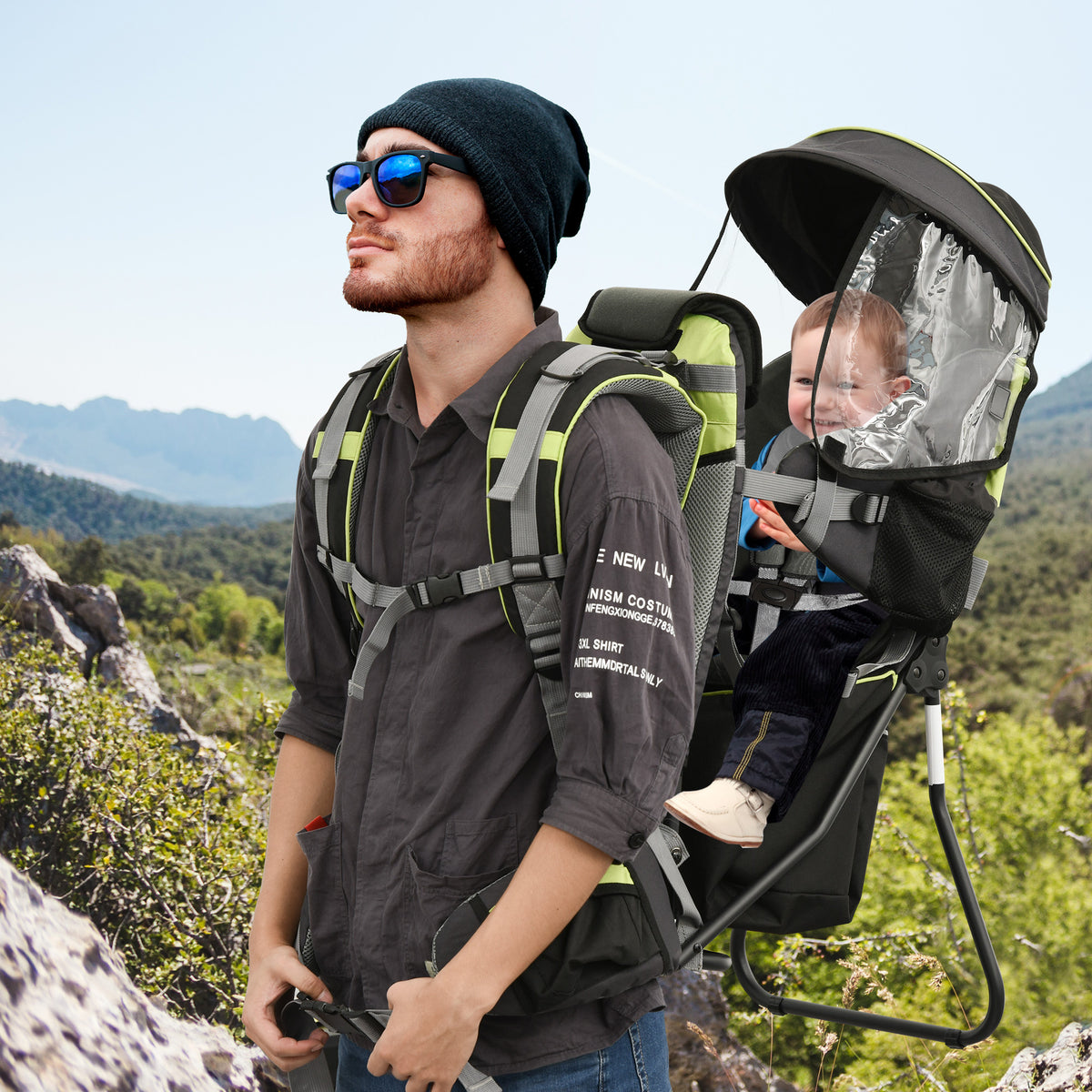 Mochila Porta Bebés Dobrável Mochila Porta Bebés Ergonómica com Capa Impermeável Base de Suporte e Múltiplos Bolsos para 6-36 Meses Carga Máxima 15kg 38x77x87,5cm Verde — foto 2