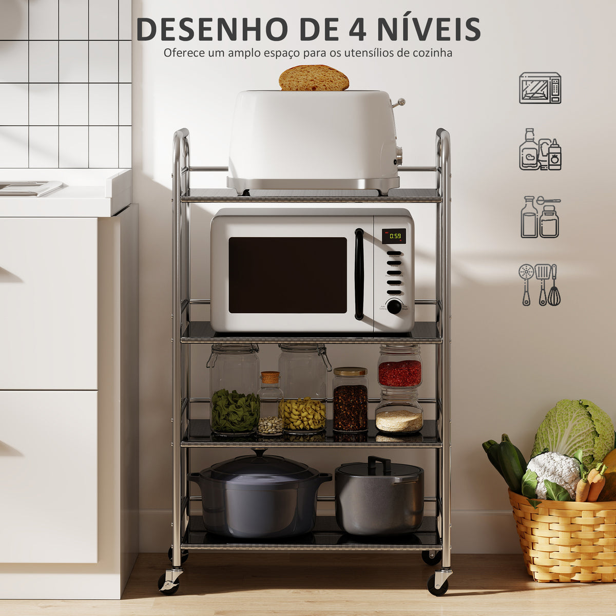 Carrinho Auxiliar com Rodas de Aço Inoxidável Carrinho de Serviço de 4 Níveis com Prateleira Ajustável 2 Rodas com Travão Carrinho para Cozinha 60x35x100 cm Prateado — foto 4