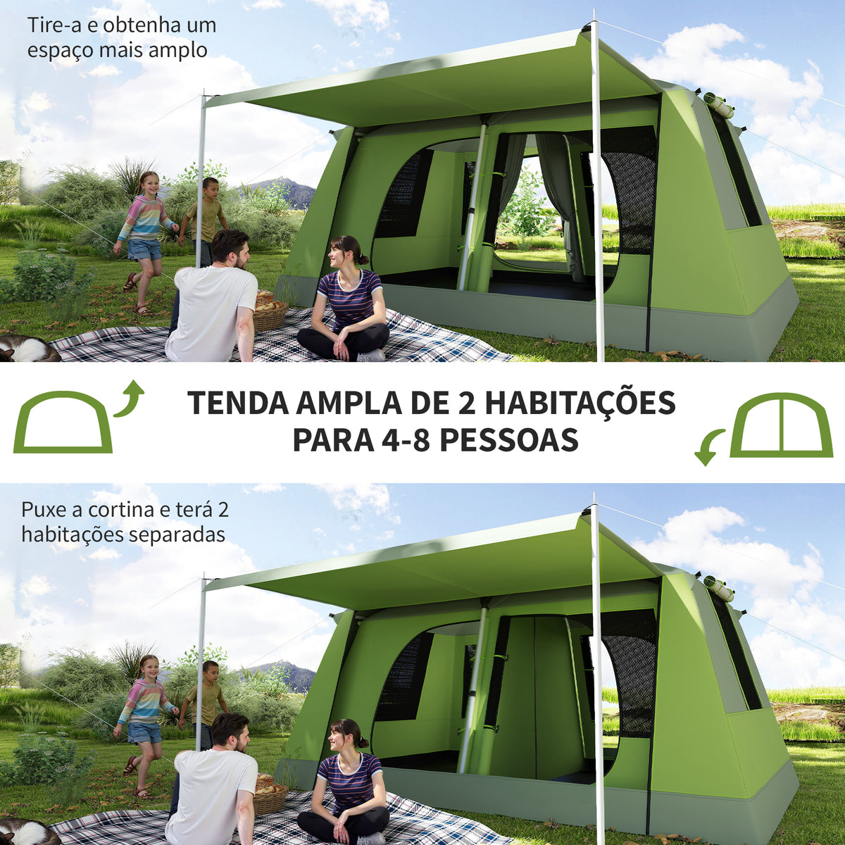 Tenda de Campismo Familiar para 4 Pessoas Tenda de Campismo Portátil Impermeável com Bolsa de Transporte Rede Mosquiteira e Proteção Solar 410x-310x225cm Verde — foto 4