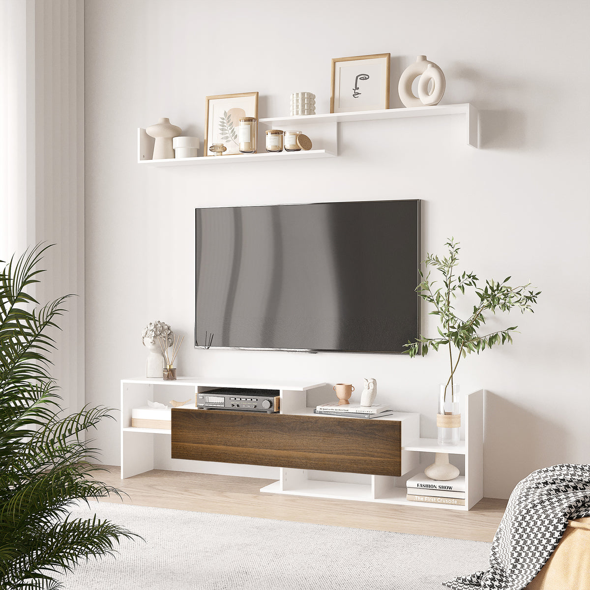 Móvel de TV Moderno Móvel de Sala de Estar para Televisores 153,6x25x42 cm e Prateleira de Parede 150x14,5x16,3 cm Branco e Marrom — foto 2