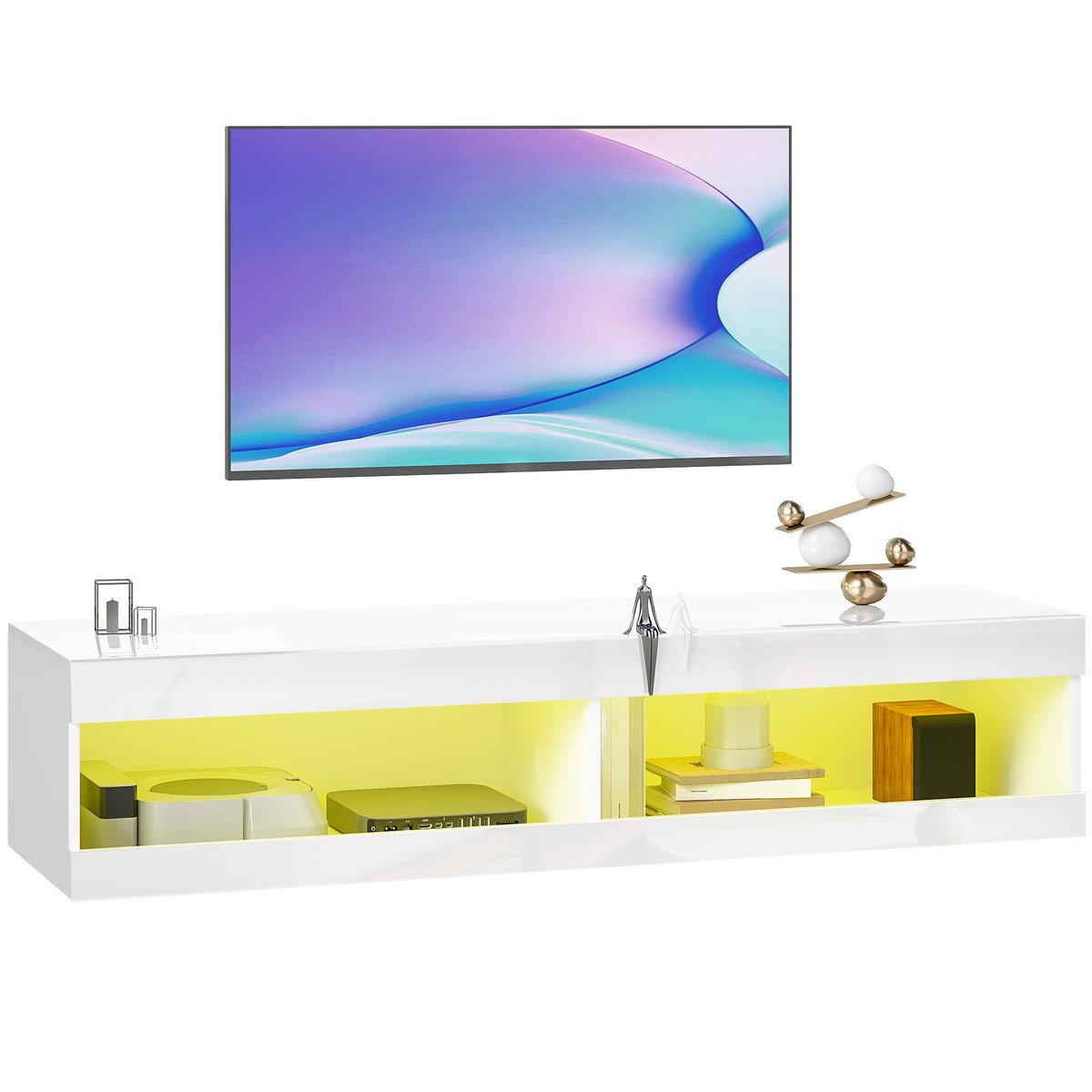 Móvel de TV Suspenso com Luzes LED Controlo Remoto Compartimentos Orifício Passa-Cabos para Televisão 55-60 Polegadas 140x40x30 cm Branco Brilhante — foto 1