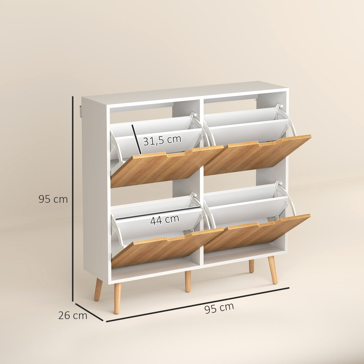 Sapateira com 4 Gavetas e Prateleiras Ajustáveis Móvel para Sapatos de Corredor para 16 Pares de Sapatos 95x26x95 cm Branco e Madeira — foto 3