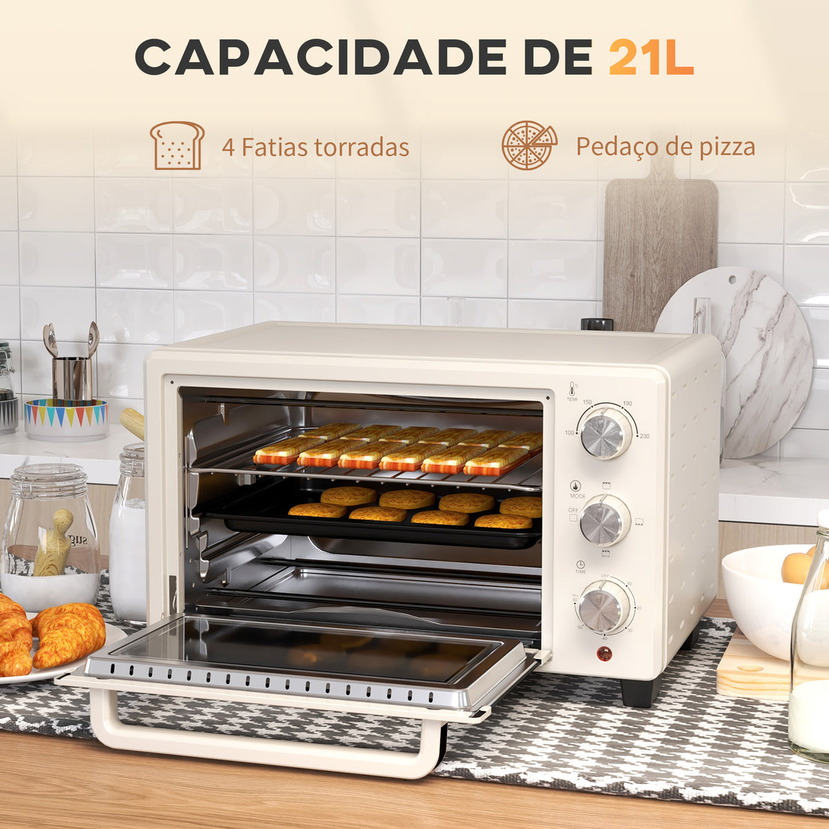Mini Forno Elétrico 21L 1400W Forno Elétrico de Mesa com Temporizador até 60min e Temperatura Ajustável até 230℃ 46x38,5x29 cm Creme e Prata — foto 4