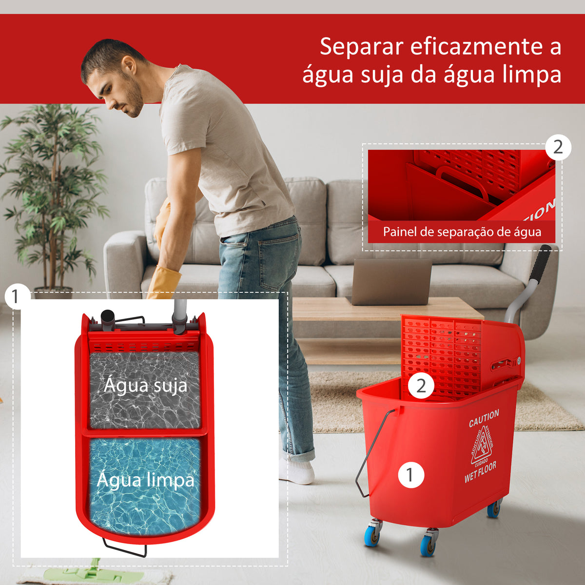 Balde de Esfregona com Rodas, 20 L, Balde de Limpeza com Escorredor e Pega de Transporte, para Uso Doméstico e Comercial, Vermelho — foto 5