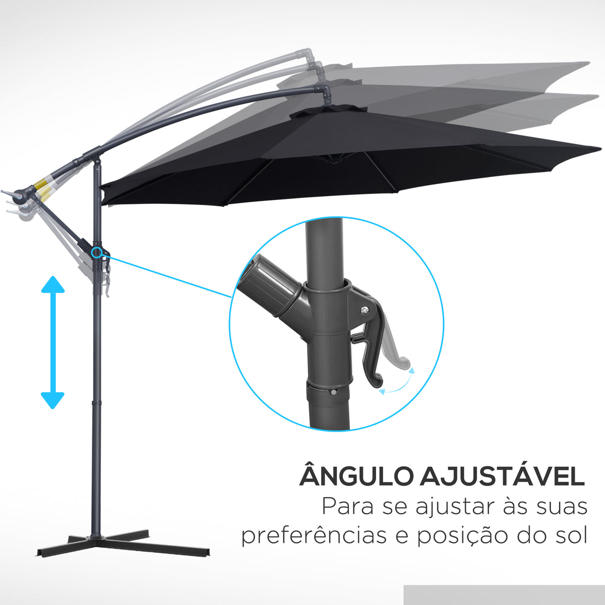 Chapéu de Sol de Jardim Ø300x260cm Chapéu de Sol Excêntrico Inclinável com Manivela Base Cruzada e Suporte de Metal 8 Hastes para Terraço Exterior Balcão Preto — foto 5