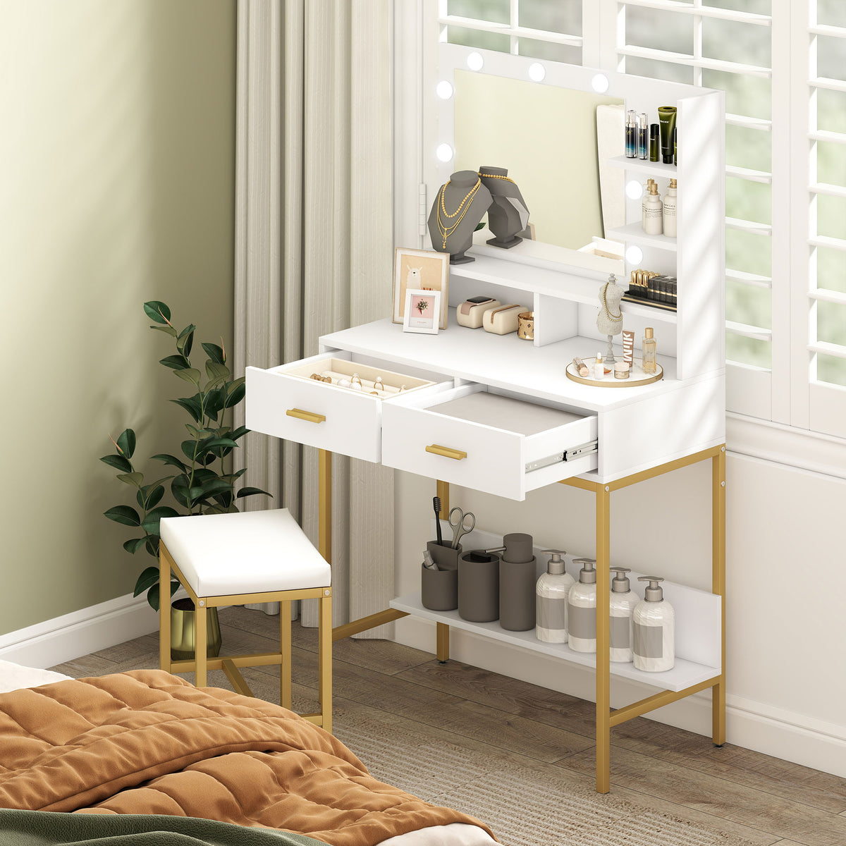 Toucador de Maquilhagem com Luz e Banco Mesa de Maquilhagem com 2 Gavetas e Prateleiras de Armazenamento Estilo Moderno para Quarto Branco — foto 2