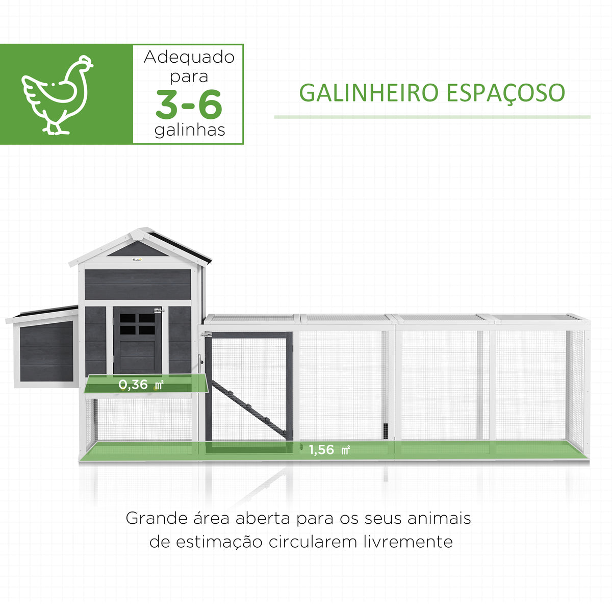 Galinheiro de Madeira 297,5x68x118cm Galinheiro Grande para 3-6 Galinhas com Teto Asfáltico Cercado de Metal Porta com Trava Caixa Ninho Bandeja Amovível e Rampa Branco e Cinza — foto 4