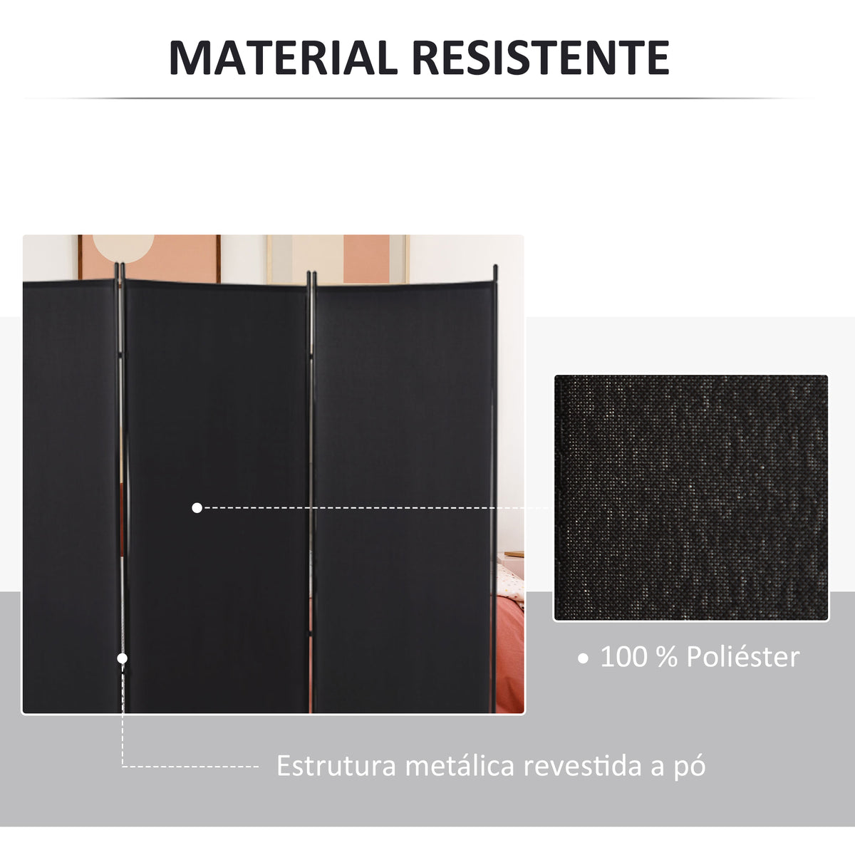 Biombo de 3 Paineis Separador de Ambientes Dobrável 253x50x182 cm Divisor de Ambientes Biombo de Privacidade com 6 Pés de Metal para Escritório Dormitório Preto — foto 5