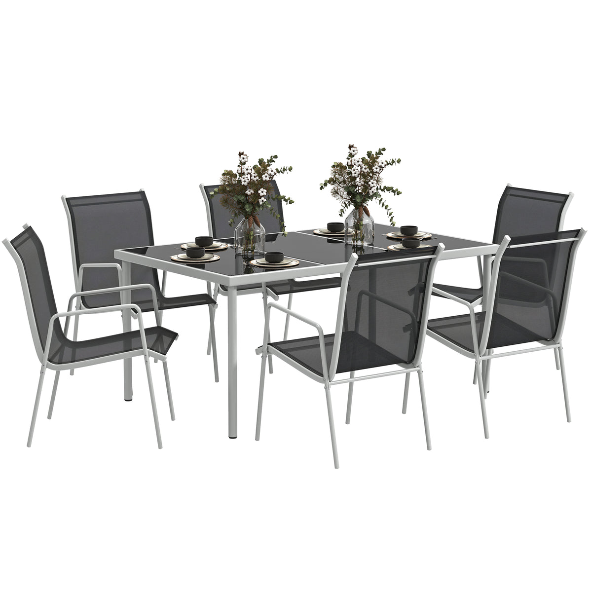 Conjunto de Refeição 7 Peças Conjunto de Refeição de Jardim com Mesa de Vidro Temperado e 6 Cadeiras Empilháveis com Apoio para os Braços Preto — foto 1