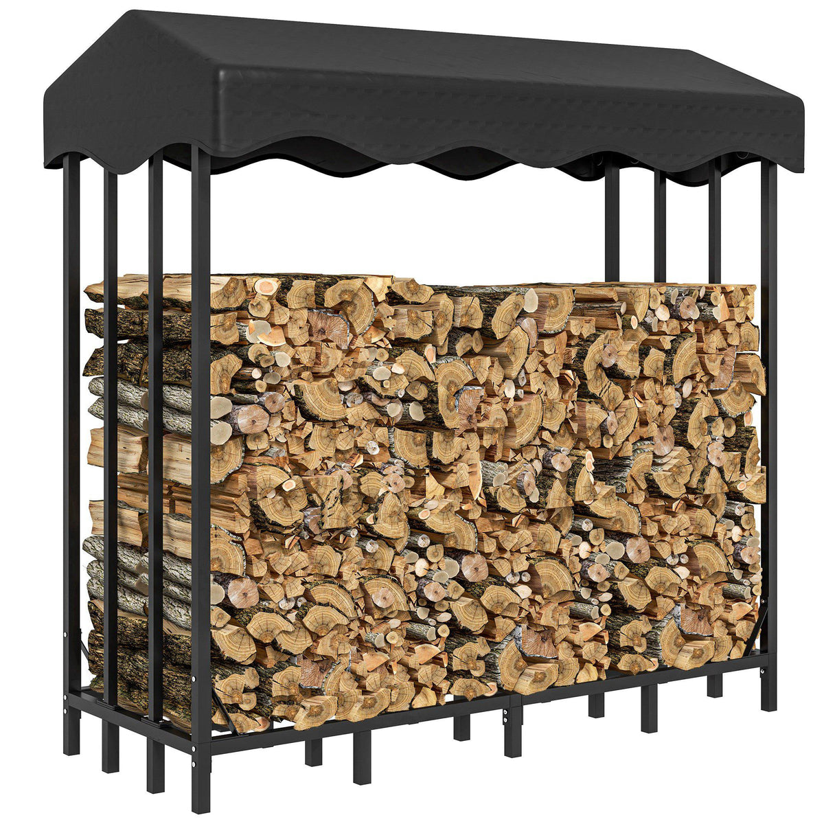 Suporte para Lenha com Cobertura Estante para Lenha de Metal com Estrutura Reforçada e Anéis de Bloqueio Carga 1200 kg para Interior e Exterior 143x70x145 cm Preto — foto 1