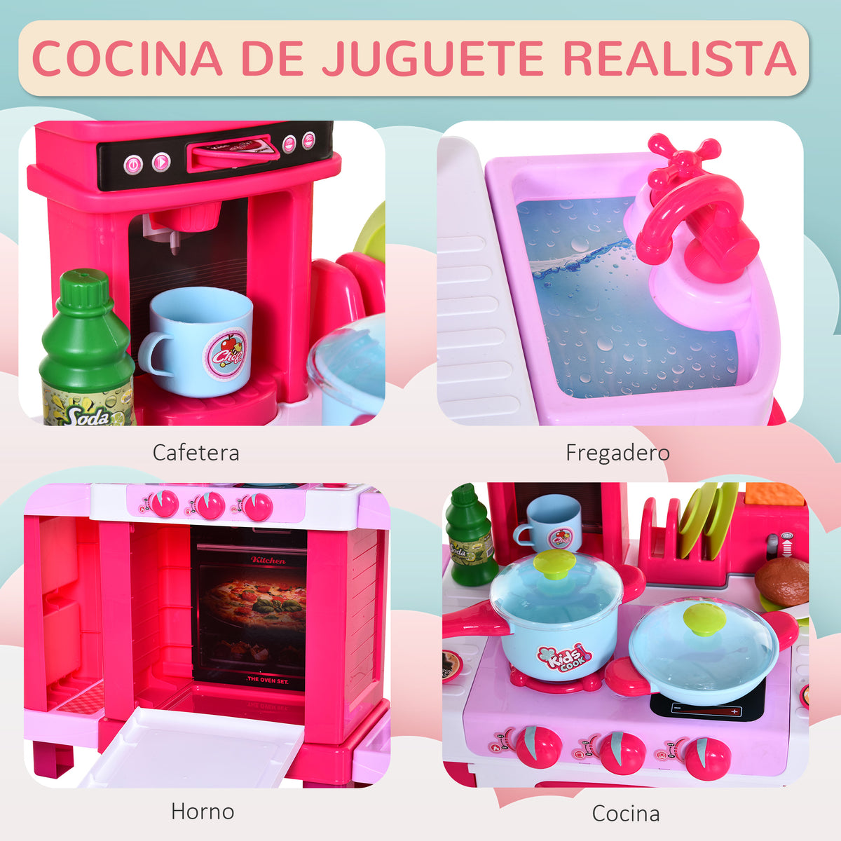Cozinha para Crianças acima de 3 Anos Cozinha Infantil com 38 Acessórios Luz Som 78x29x87 cm Rosa — foto 5