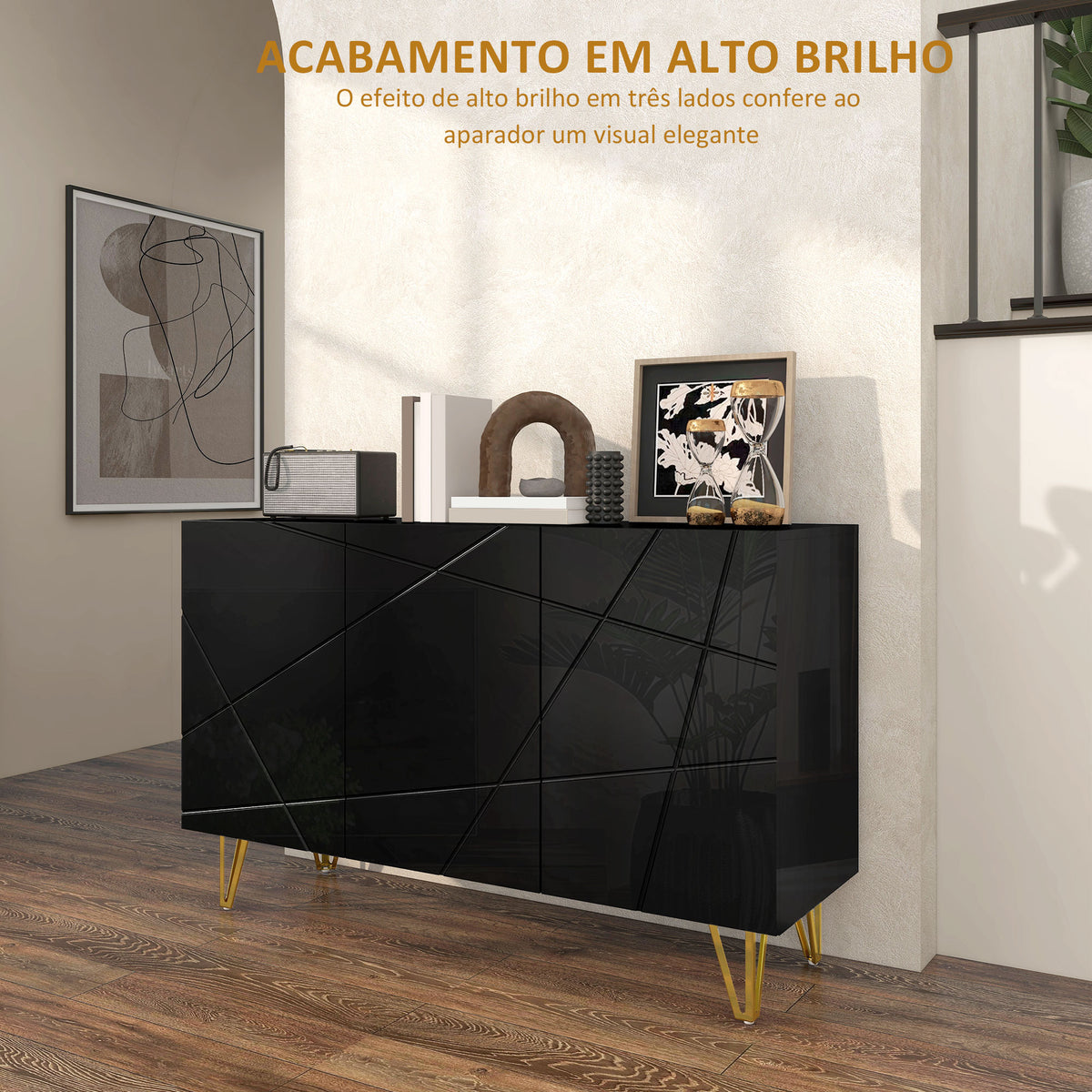 Aparador para Sala Aparador de Entrada com 3 Portas e Prateleiras Ajustáveis Armário de Armazenamento para Cozinha Sala 120x40x75 cm Preto Brilhante — foto 4
