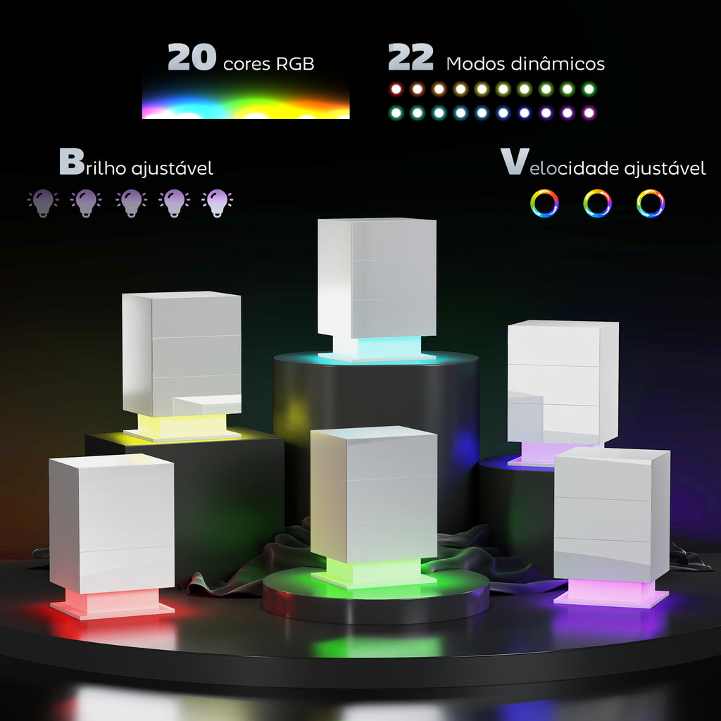 Mesa de Cabeceira com Faixa de Luz LED Multicolor Variável Mesa Auxiliar com 3 Gavetas Estilo Moderno Mesa Lateral para Dormitório Sala de Estar 40x35x60 cm Branco Brilhante — foto 4