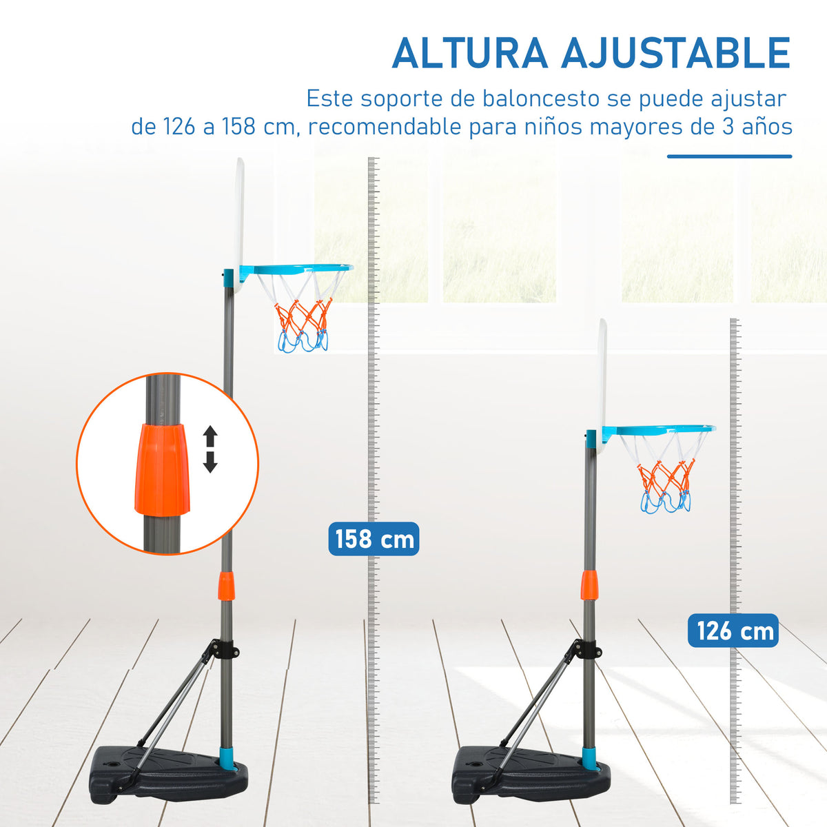 Tabela de Basquetebol para Crianças Tabela de Basquetebol com Suporte Altura Ajustável e Base Preenchida para Interior e Exterior 32x65x126-158 cm Multicor — foto 4