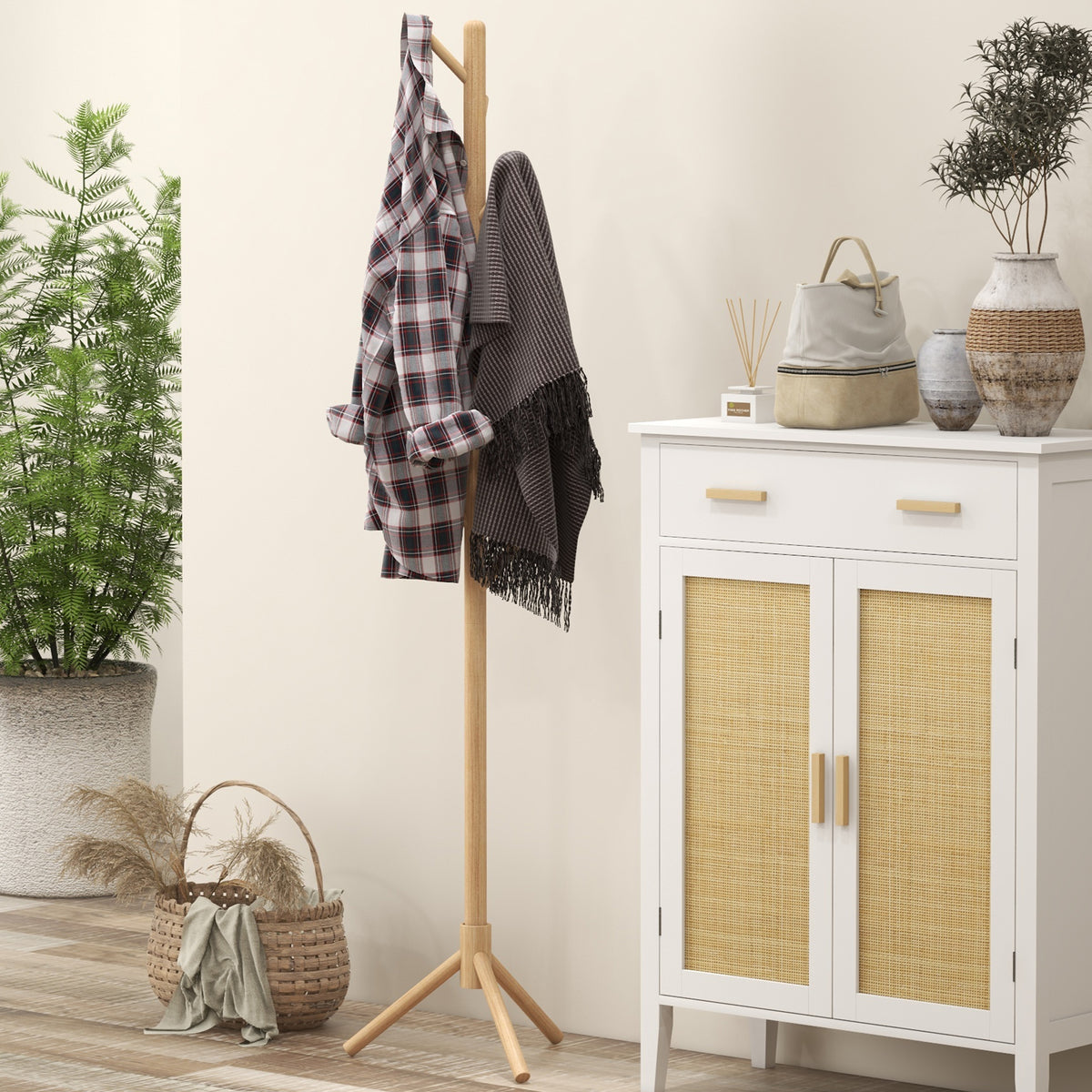 Cabide de Pé de Madeira Cabide de Pé com 8 Ganchos para Pendurar Roupa e Bolsas Cabide em Forma de Árvore para Corredor Entrada Quarto 40x40x165 cm Natural — foto 2