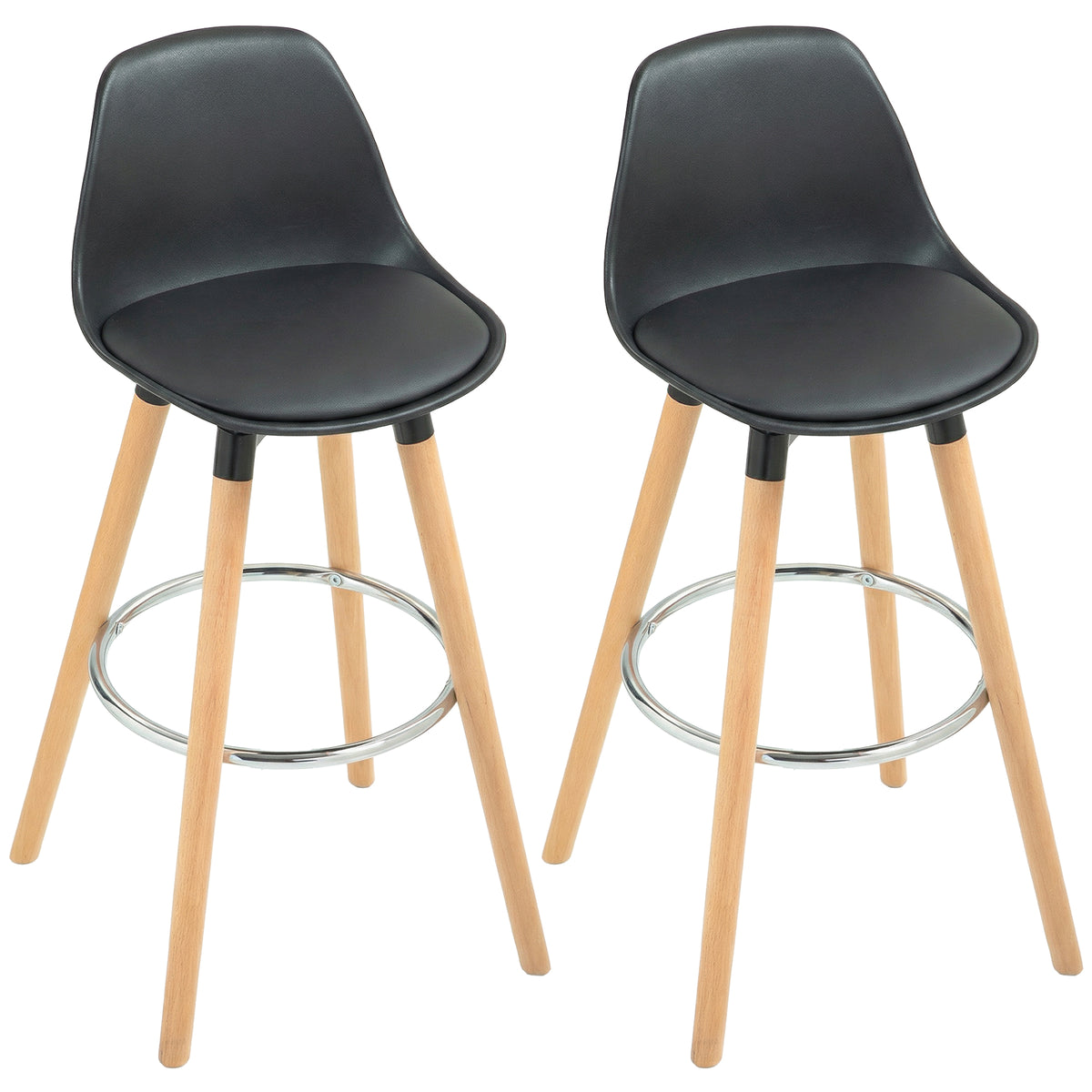 Conjunto de 2 Bancos de Bar Estofado em PU Bancos Altos de Cozinha com Assento de 69 cm e Pés de Madeira para Cozinha Sala de Jantar 38,5x42,5x91 cm Preto — foto 1
