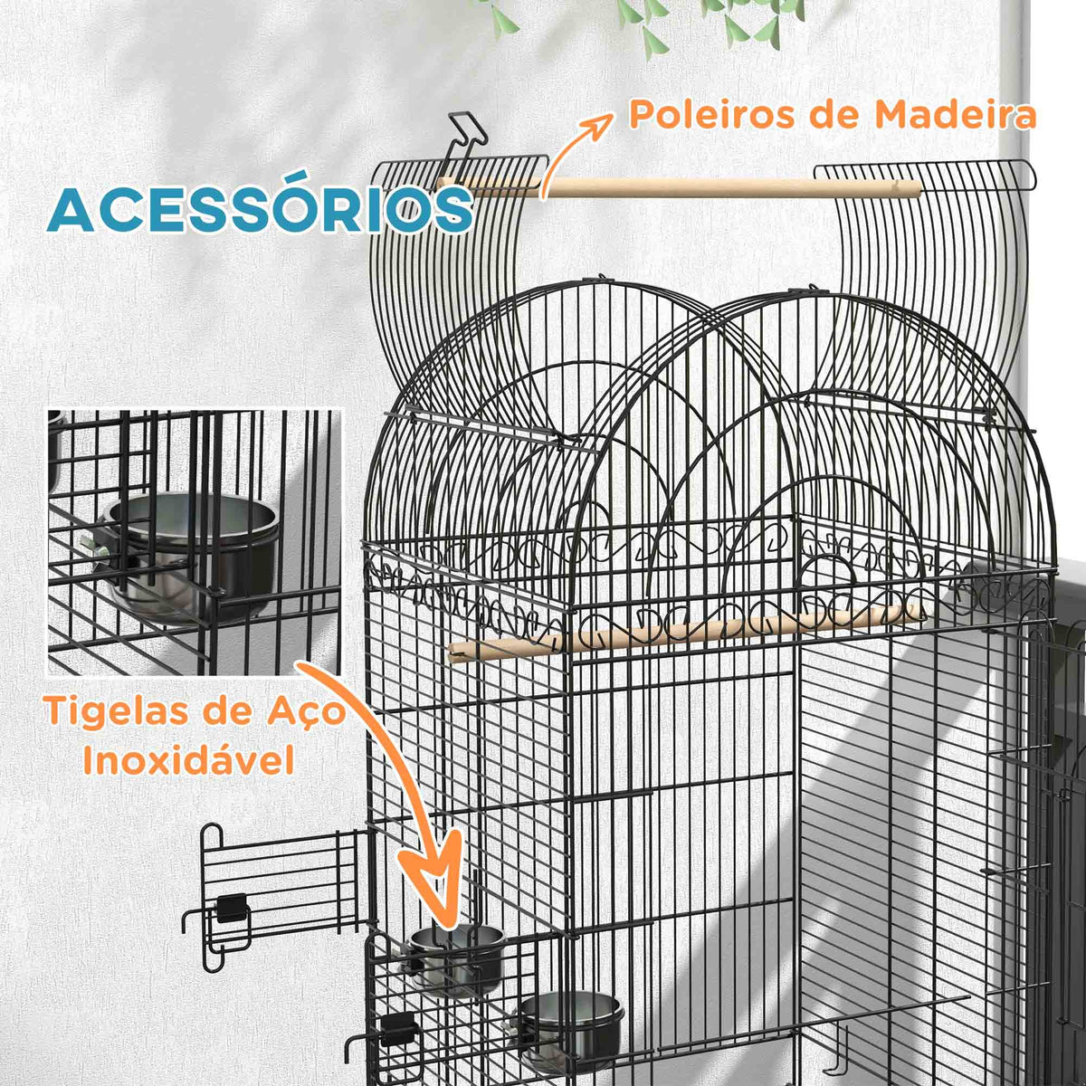 Gaiola para Pássaros com Rodas Gaiola para Pássaros com Bandeja Amovível Prateleira e 2 Comedouros de Aço Inoxidável e Poleiro para Periquitos Canários 51x51x153 cm Preto — foto 7