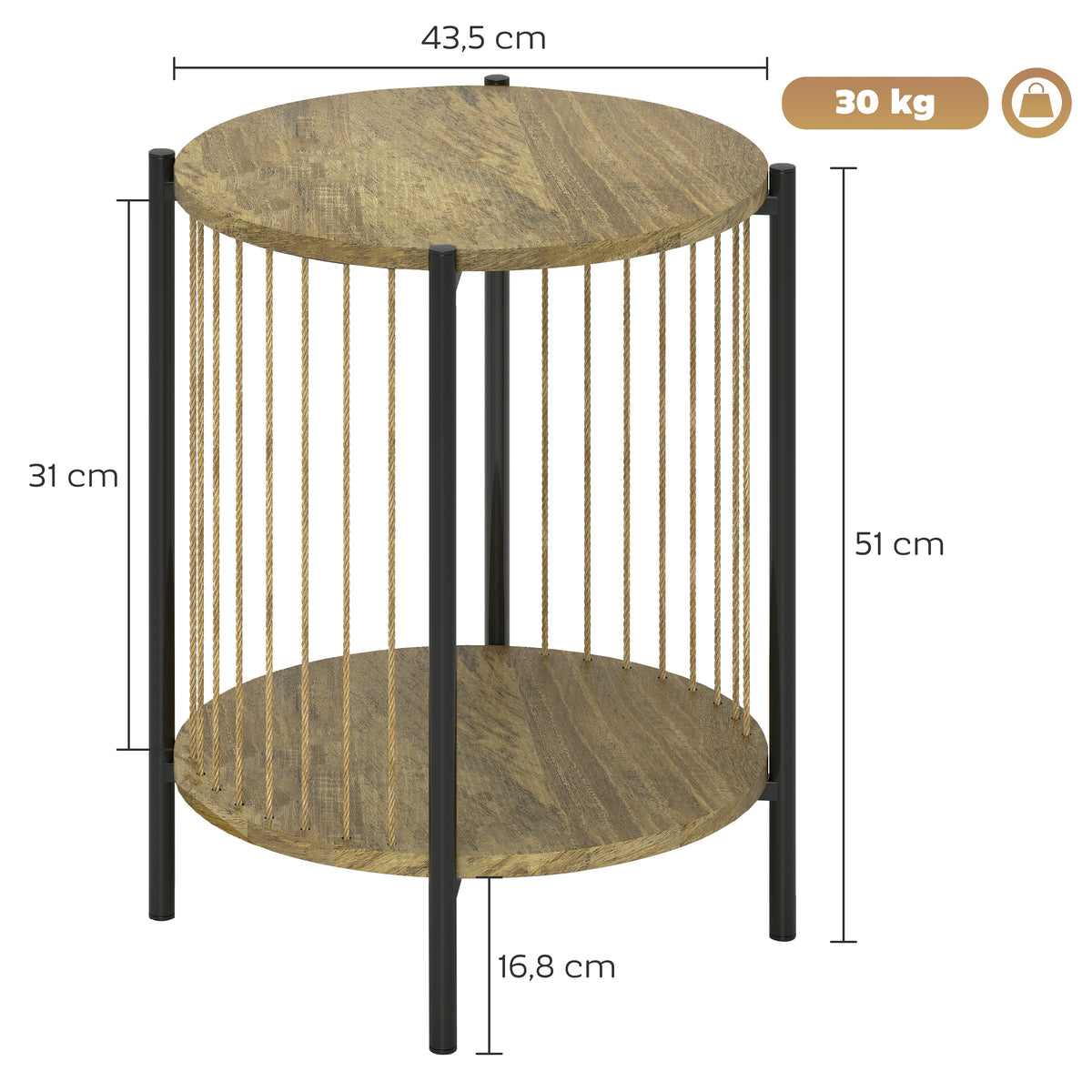 Mesa Auxiliar Redonda de 2 Níveis Mesa Auxiliar Boémia com Prateleira e Estrutura em Aço para Sala de Estar Quarto 43,5x43,5x51 cm Madeira e Preto — foto 3