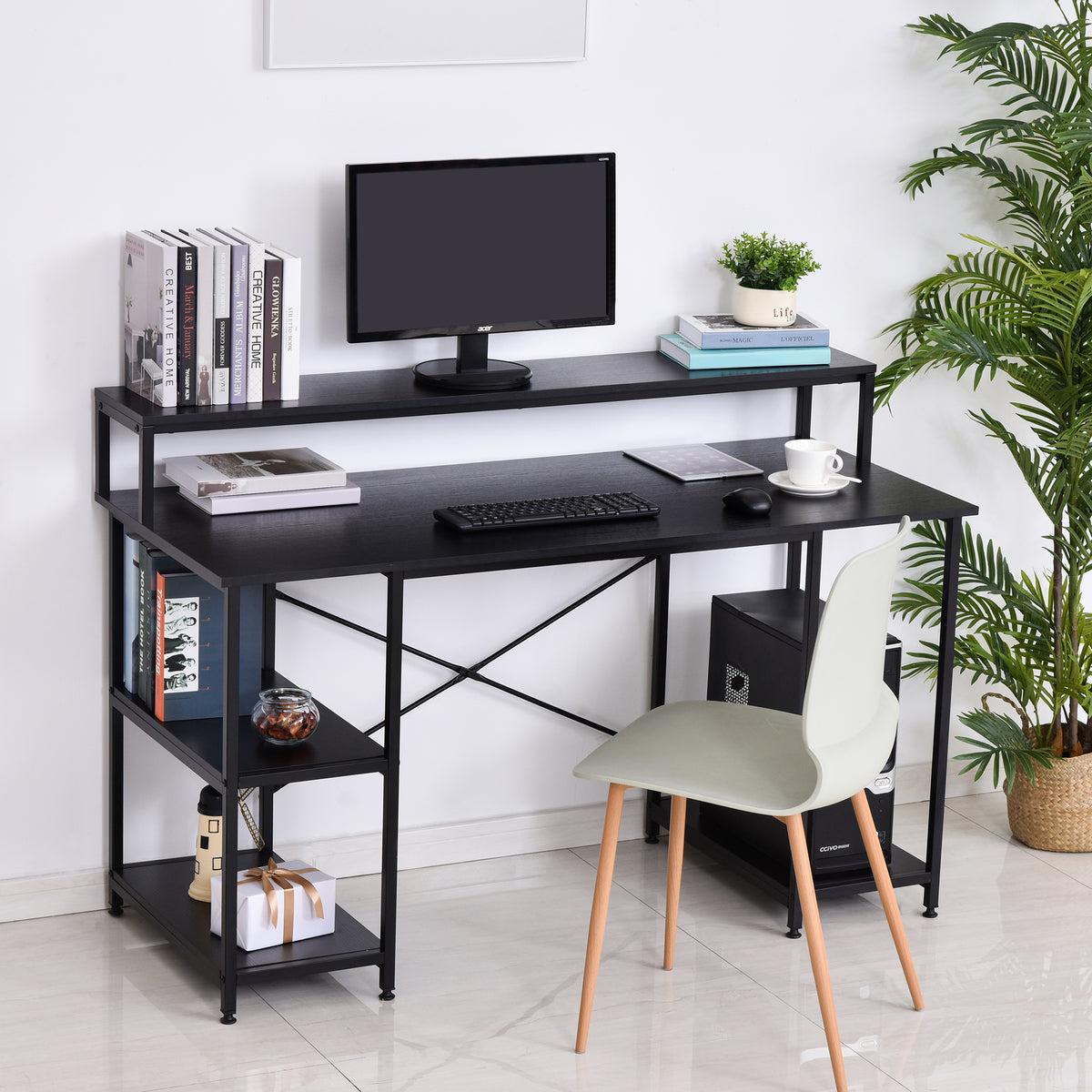 Secretária para escritorio com 3 prateleiras Pernas com Almofadas Ajustáveis Anti-derrapante Estrutura de metal 140x60x93 cm Preto — foto 2