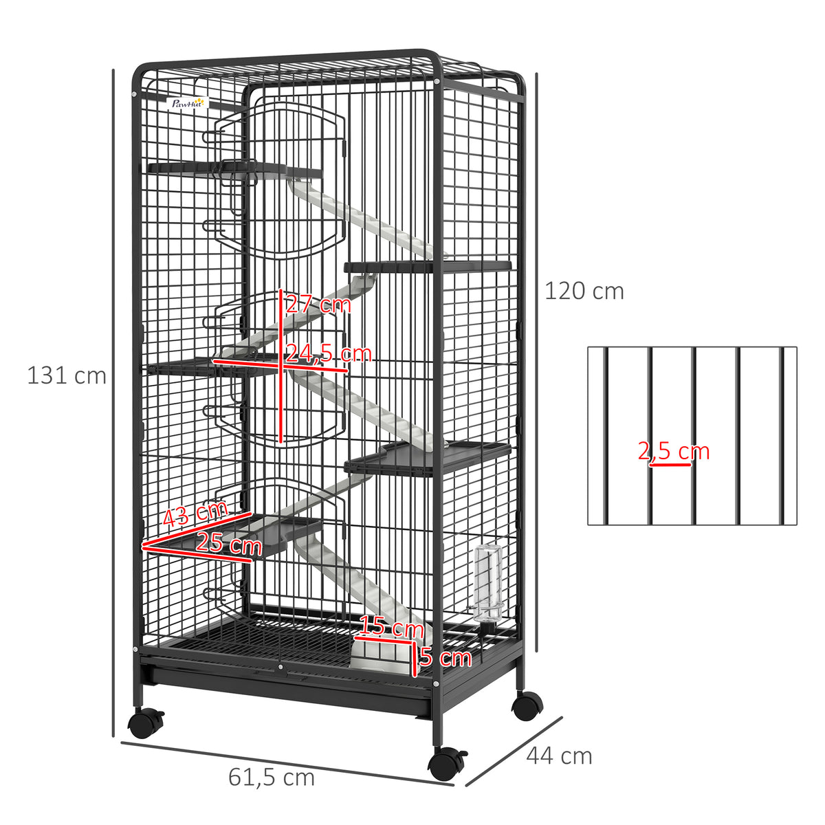 Gaiola para Pequenos Animais com 6 Níveis Gaiola para Roedores com Rodas Rampa Comedouro Bebedouro e Bandeja Amovível para Coelhos Chinchila 64x43,5x131 cm Preto — foto 3