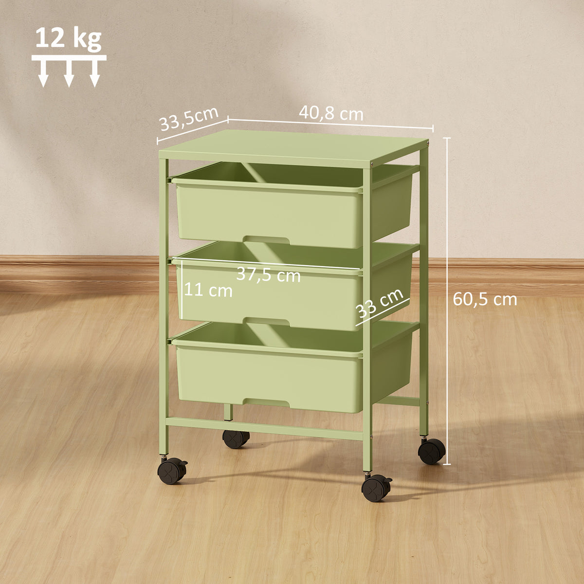 Carrinho Auxiliar com Rodas Carrinho de Cozinha de 3 Níveis com 3 Cestos para Armazenamento e Estrutura de Aço para Sala de Jantar Banheiro 40,8x33,5x60,5 cm Verde — foto 3