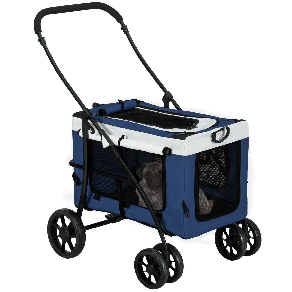 Carrinho para Animais de Estimação Carrinho para Cães Dobrável com Compartimento Desmontável 4 Portas com Fecho de Correr 2 Correias de Segurança e de Transporte 81x58x97,5 cm Azul — foto 1