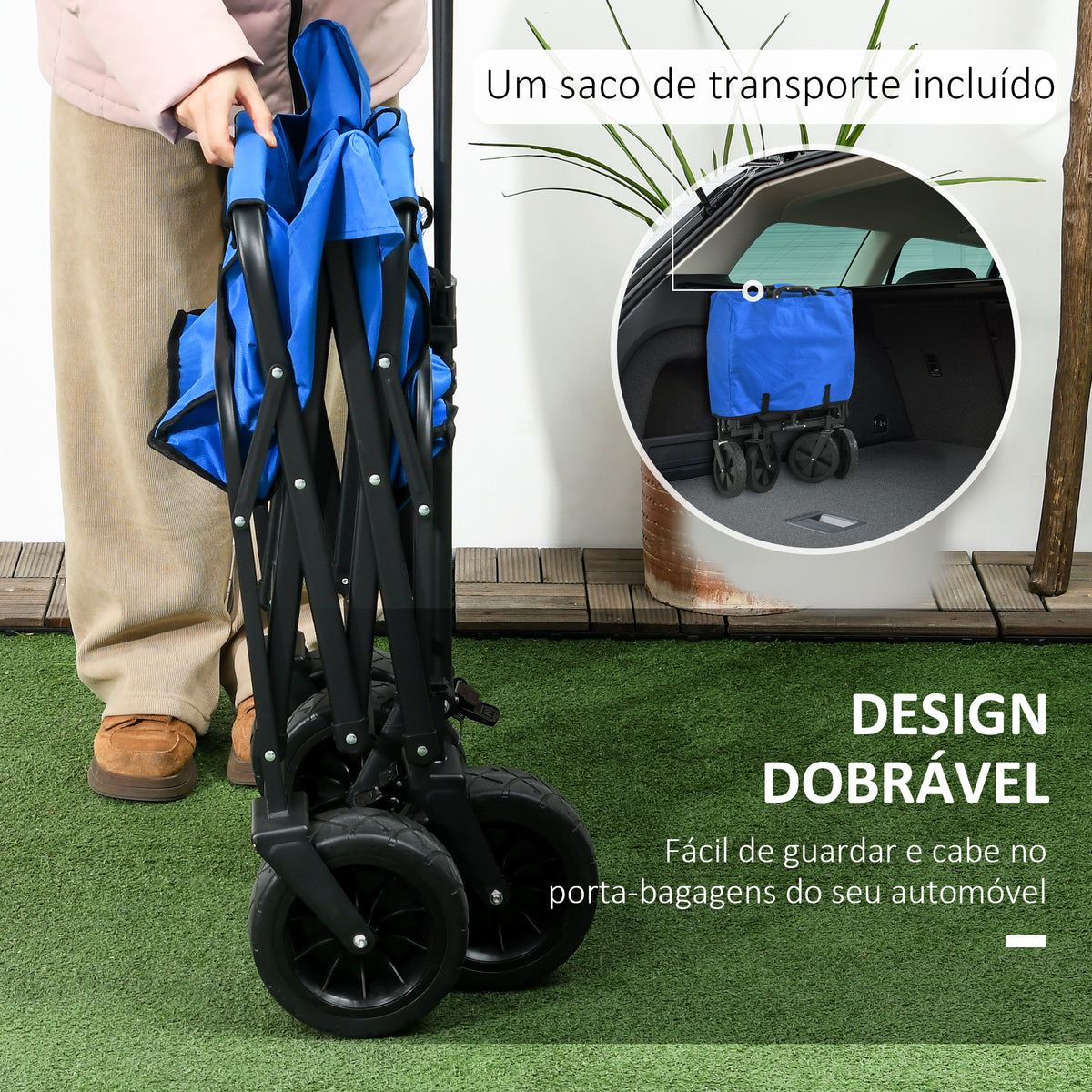 Carrinho de Transporte com Toldo Removível Carrinho Dobrável com Alça Ajustável e Bolsa de Transporte Capacidade 100 kg para Campismo Praia 97x52x105 cm Azul — foto 4
