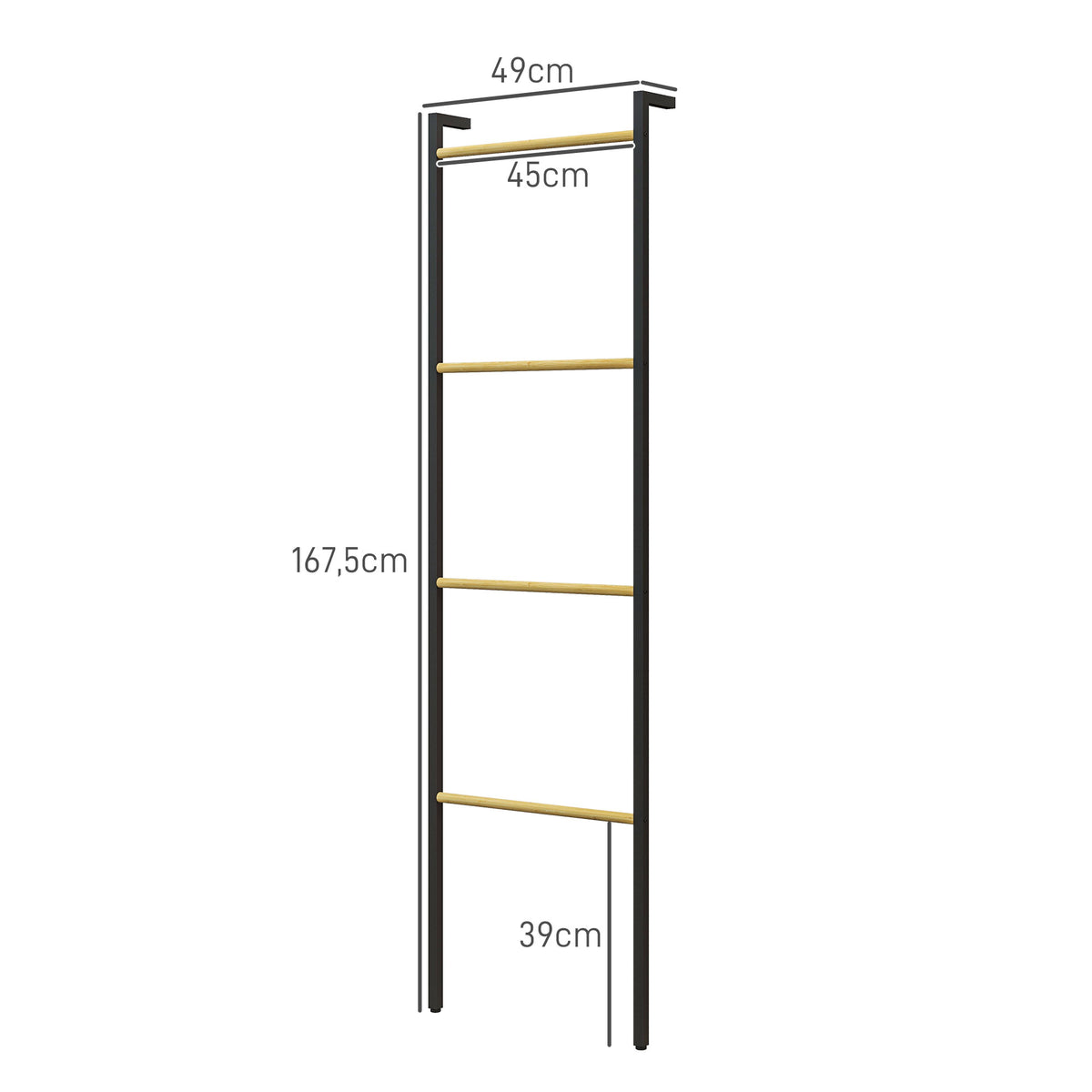 Toalheiro de 4 Níveis Toalheiro Escada Apoiado na Parede Toalheiro Casa de Banho com 4 Barras de Bambu e Estrutura de Aço 49x5,5x167,5 cm Preto e Madeira — foto 3
