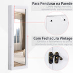 Espelho com Móvel de Bijuterias de Parede Espelho de Parede Organizador de Jóias com Ganchos e Ranhuras para Dormitórios 37x9,5x112cm Branco — foto 5