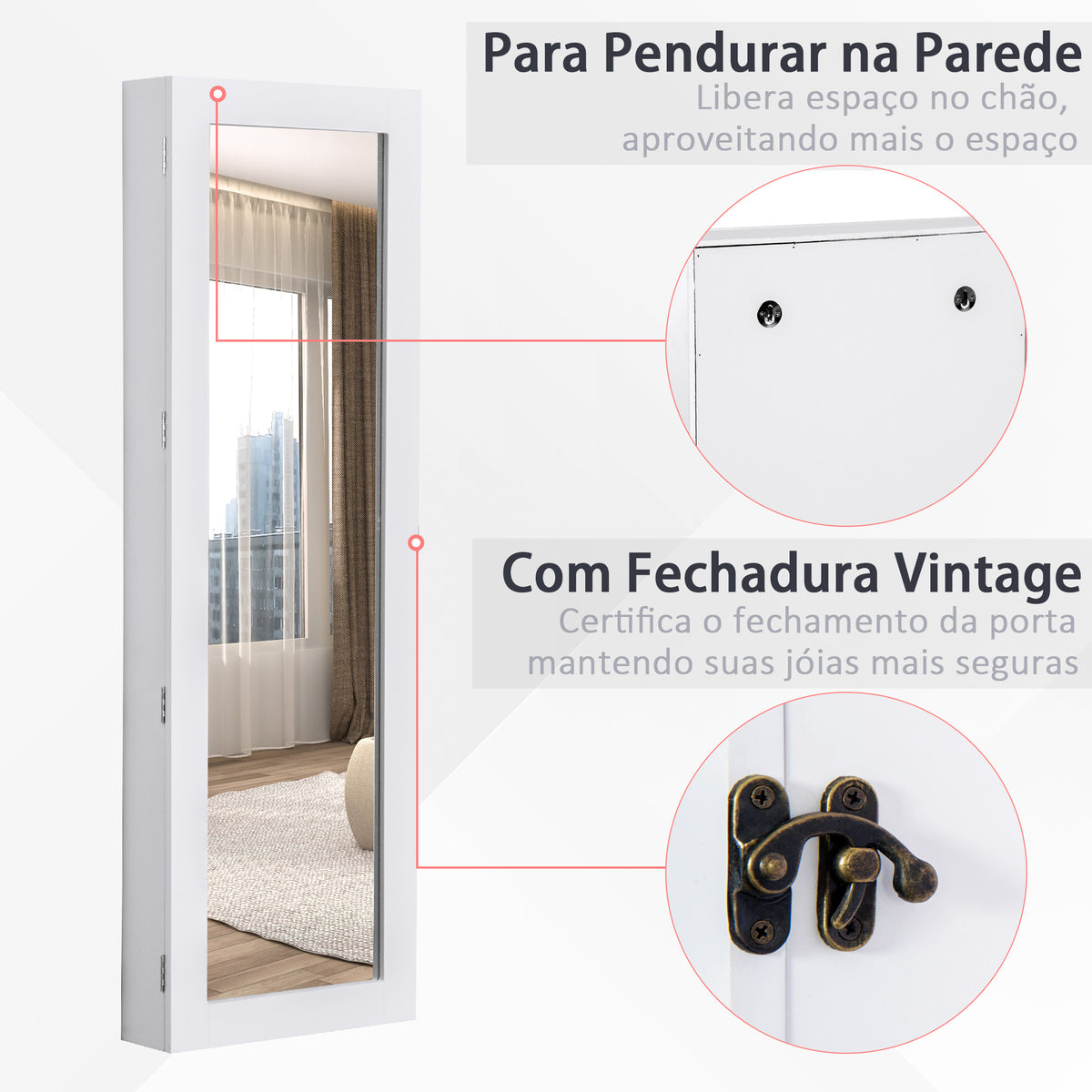 Espelho com Móvel de Bijuterias de Parede Espelho de Parede Organizador de Jóias com Ganchos e Ranhuras para Dormitórios 37x9,5x112cm Branco — foto 5