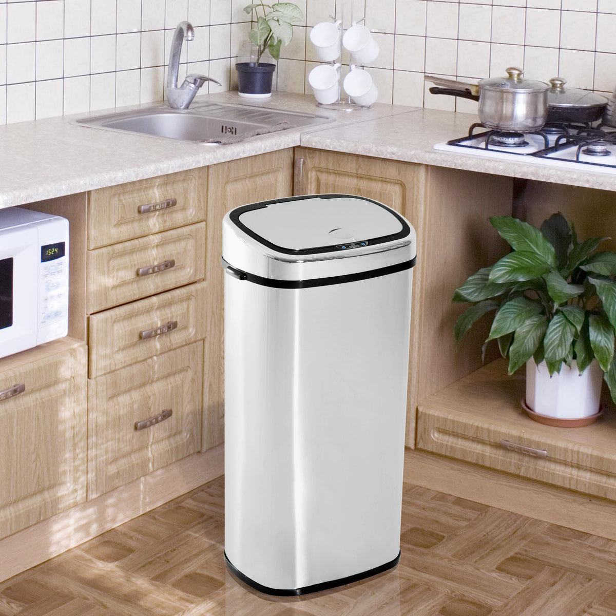 Balde de Lixo Inteligente de Aço Inoxidável 68L com Sensor Infravermelho de Abertura Automática e Contato Manual para Cozinha Dormitório Casa de banho 40,5x29,578cm Prata — foto 2