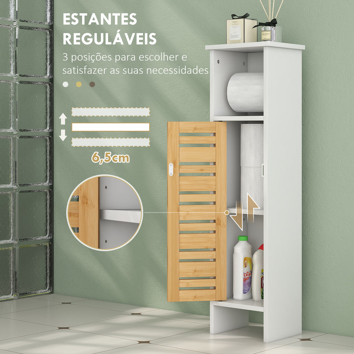 Coluna Casa de Banho Moderna Móvel Auxiliar Casa de Banho com Suporte para Papel Higiénico Prateleiras Ajustáveis e Porta de Bambu Anti-Tombo 21x17x78 cm Branco e Madeira — foto 5