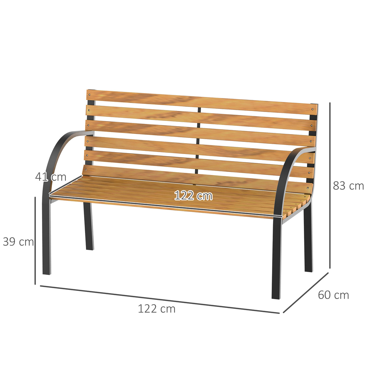 Banco de jardim 2 lugares com encosto e apoios de braços Ripas de madeira e estrutura de aço Carga 230 kg 122x60x80 cm Cor natural e preto — foto 3