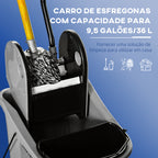 Balde de Esfregona Comercial Balde de Esfregona com Espremedor de Pressão para Baixo Capacidade 36L com 4 Rodas Silenciosas 2 Cubetas Separadas 54x41x91,5 cm Cinza — foto 4