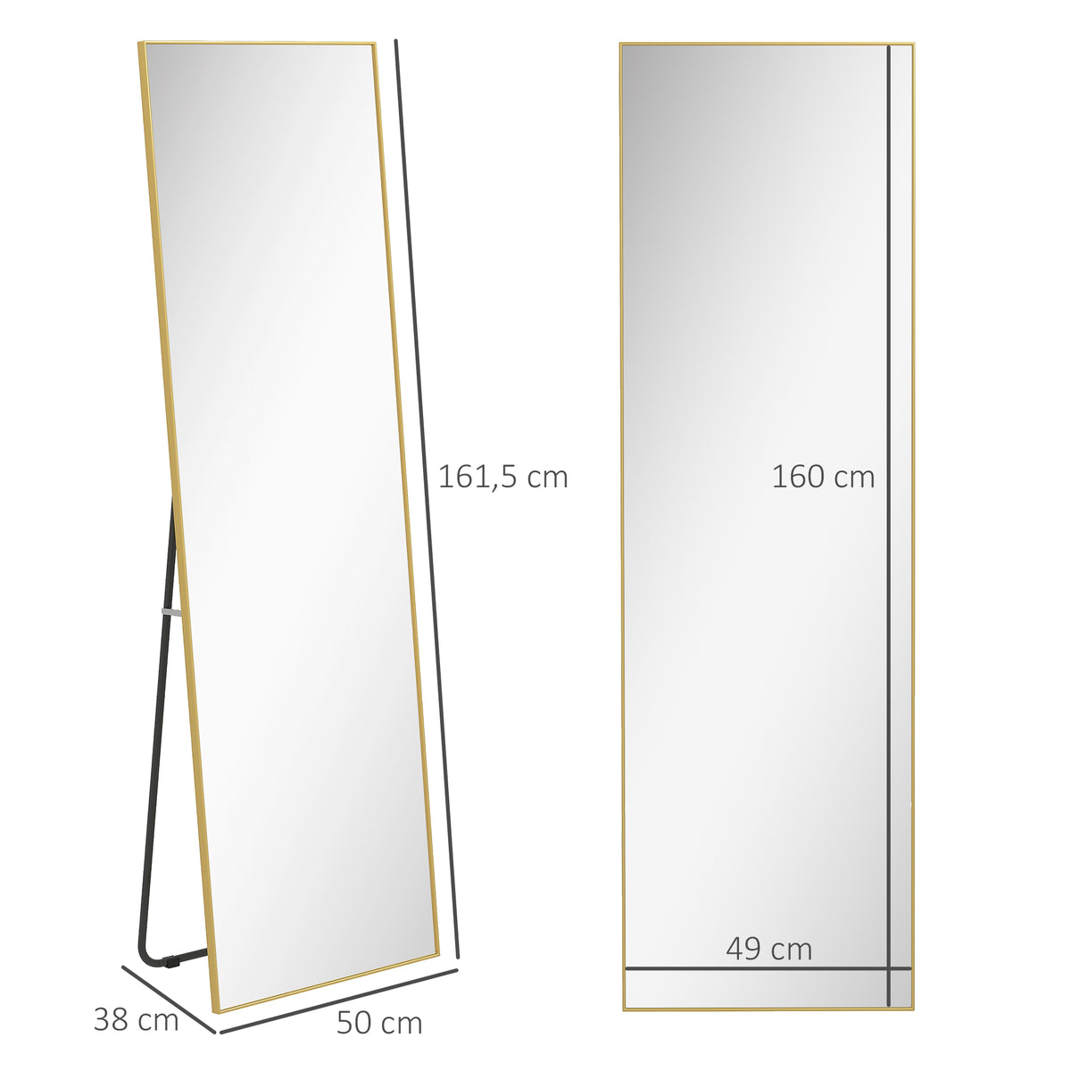 Espelho de Pé Espelho de Corpo Inteiro de Liga de Alumínio Espelho de Parede com 2 Formas de Utilização Forma Retangular para Corredor Dormitório Sala de Estar 50x161,5x2 cm Dourado — foto 3