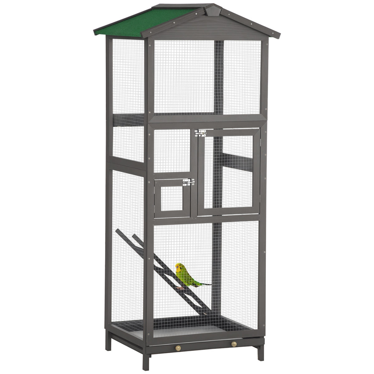 Gaiola para Pássaros Grande 68x63x165 cm Gaiola de Madeira de Abeto com 2 Portas Bandeja Amovível e Teto Asfáltico Cinza — foto 1
