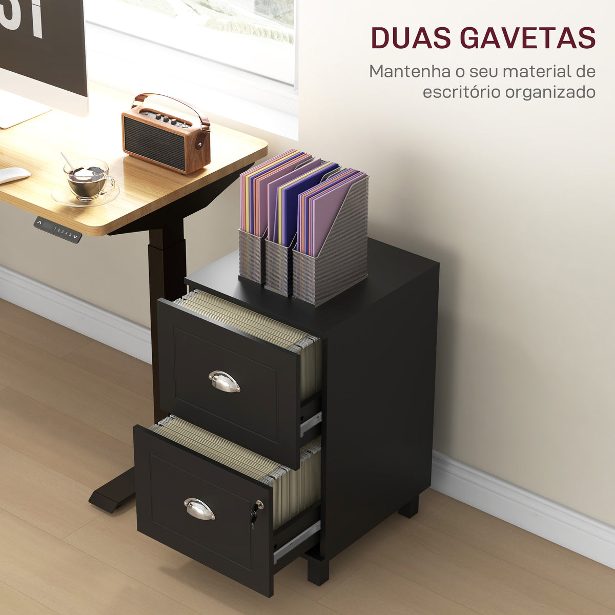Bloco de Gavetas para Escritório Móvel Arquivador com 2 Gavetas para Escritório com Fechadura e Barras para Documentos A4 e Carta 40x41,5x67,5 cm Preto — foto 4