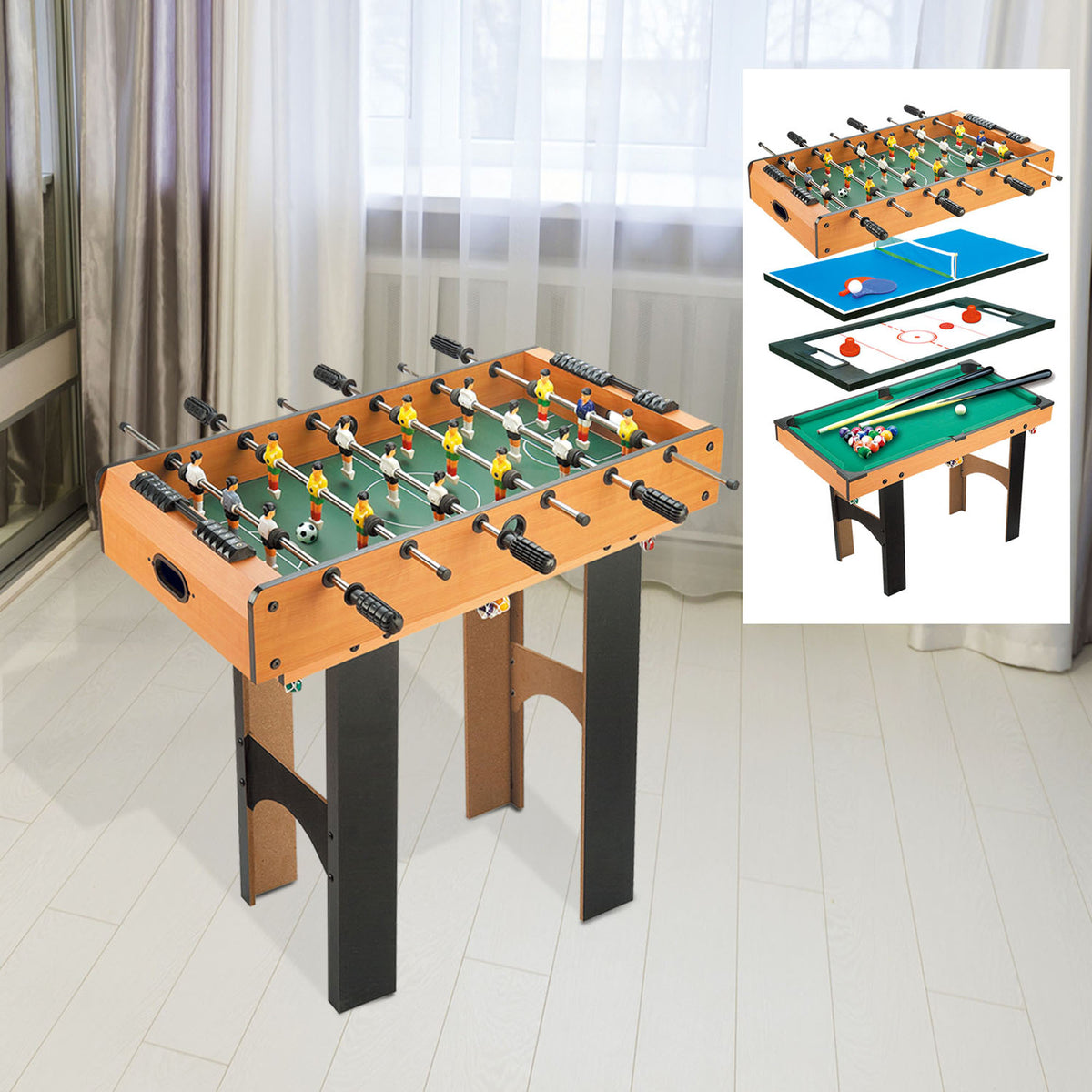 Mesa Multi-Jogos 4 em 1 Mesa de Jogos para Crianças acima de 6 Anos Matraquilho para Crianças Mesa de Bilhar Mesa de Ping-Pong e Hóquei de Mesa 87x43x73 cm Madeira e Preto — foto 2