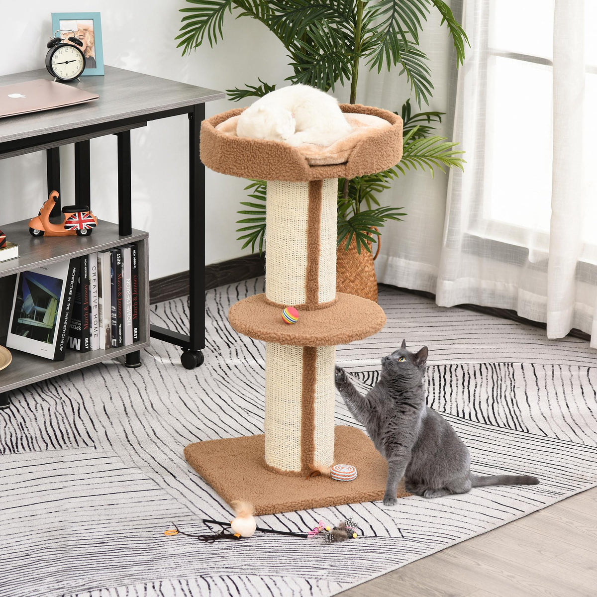 Arranhador para Gatos Altura 91 cm Arranhador para Gatos de 3 Níveis com Ninho Plataforma e Poste de Sisal 45x45x91 cm Marrom Claro — foto 2