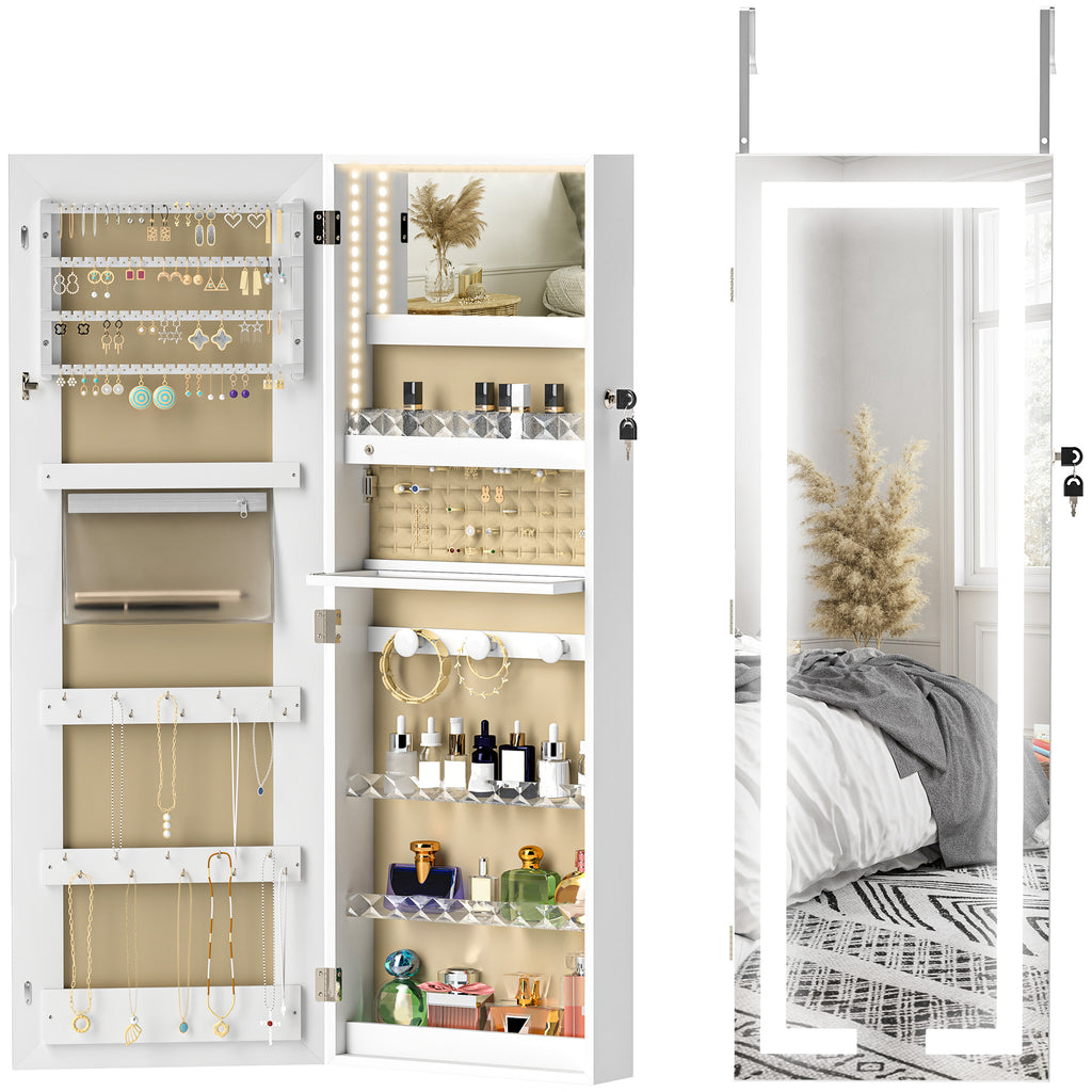 Espelho Joalheiro de Parede Espelho de Parede com Luzes LED e Fechadura Armário para Jóias para Pendurar na Parede ou na Porta 37x10,5x108 cm Branco — foto 1