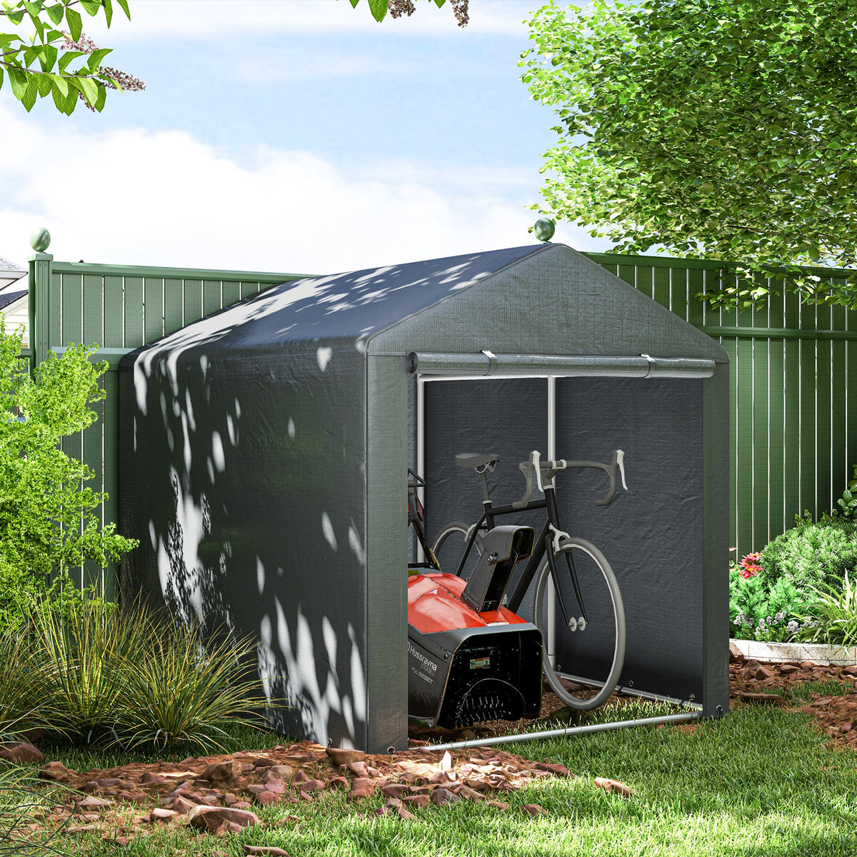Abrigo para Ferramentas Bicicletas e Motos 1,6x2,2x1,7 cm Garagem Portátil com 2 Habitações Porta com Fecho de Correr Impermeável Anti-UV para Jardim Cinza Escuro — foto 2