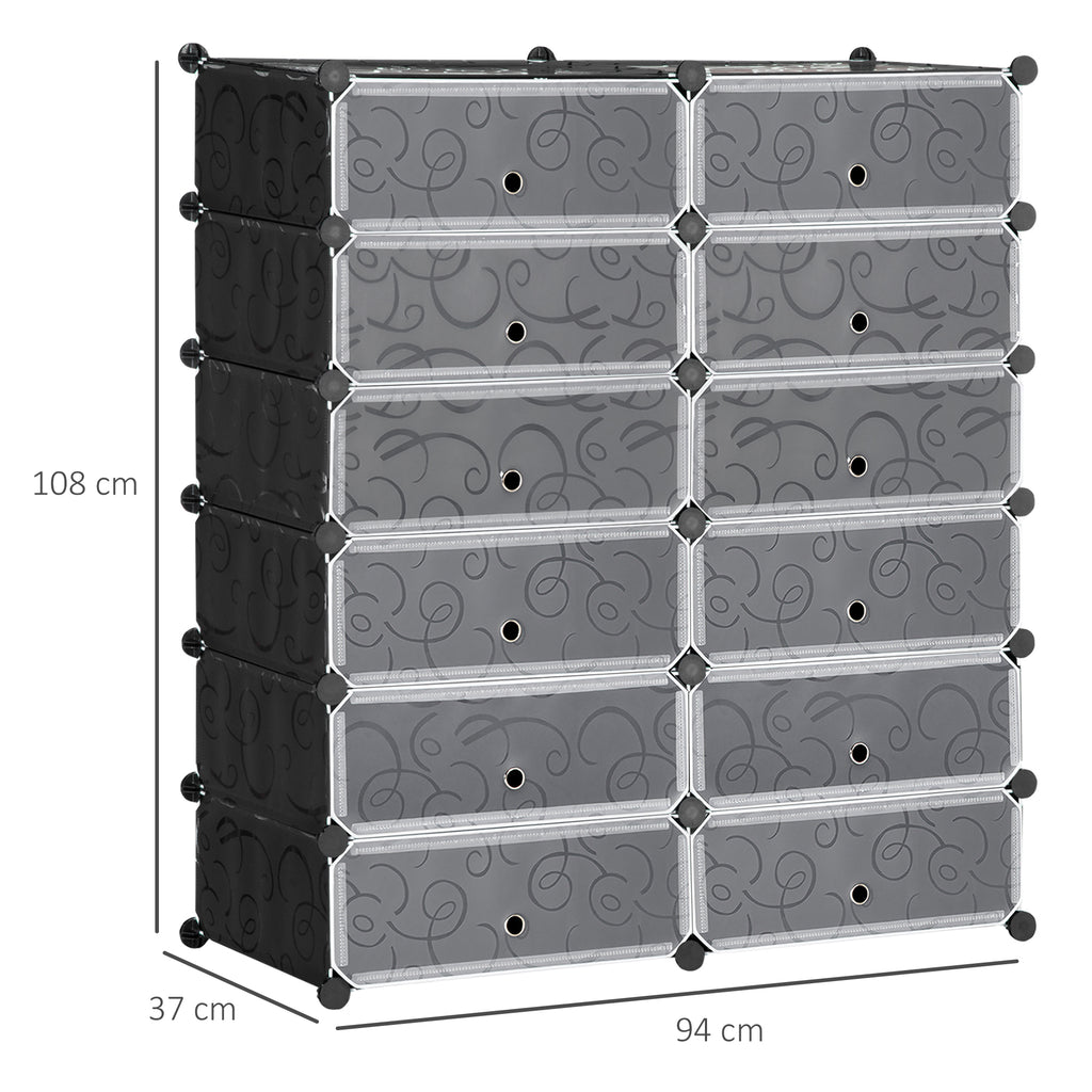 Sapateira Modular de Cubos de Plástico Armário Modular para Sapatos com 12 Cubos com Porta Desenho de DIY para Entrada Dormitório 94x37x108 cm Preto — foto 3