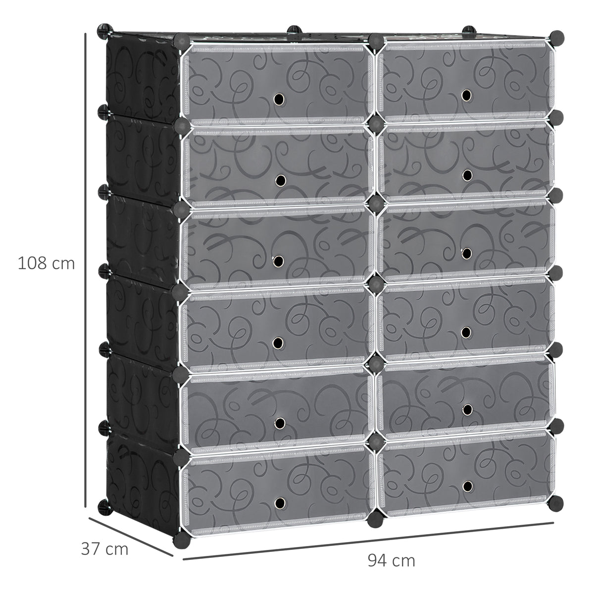 Sapateira Modular de Cubos de Plástico Armário Modular para Sapatos com 12 Cubos com Porta Desenho de DIY para Entrada Dormitório 94x37x108 cm Preto — foto 3