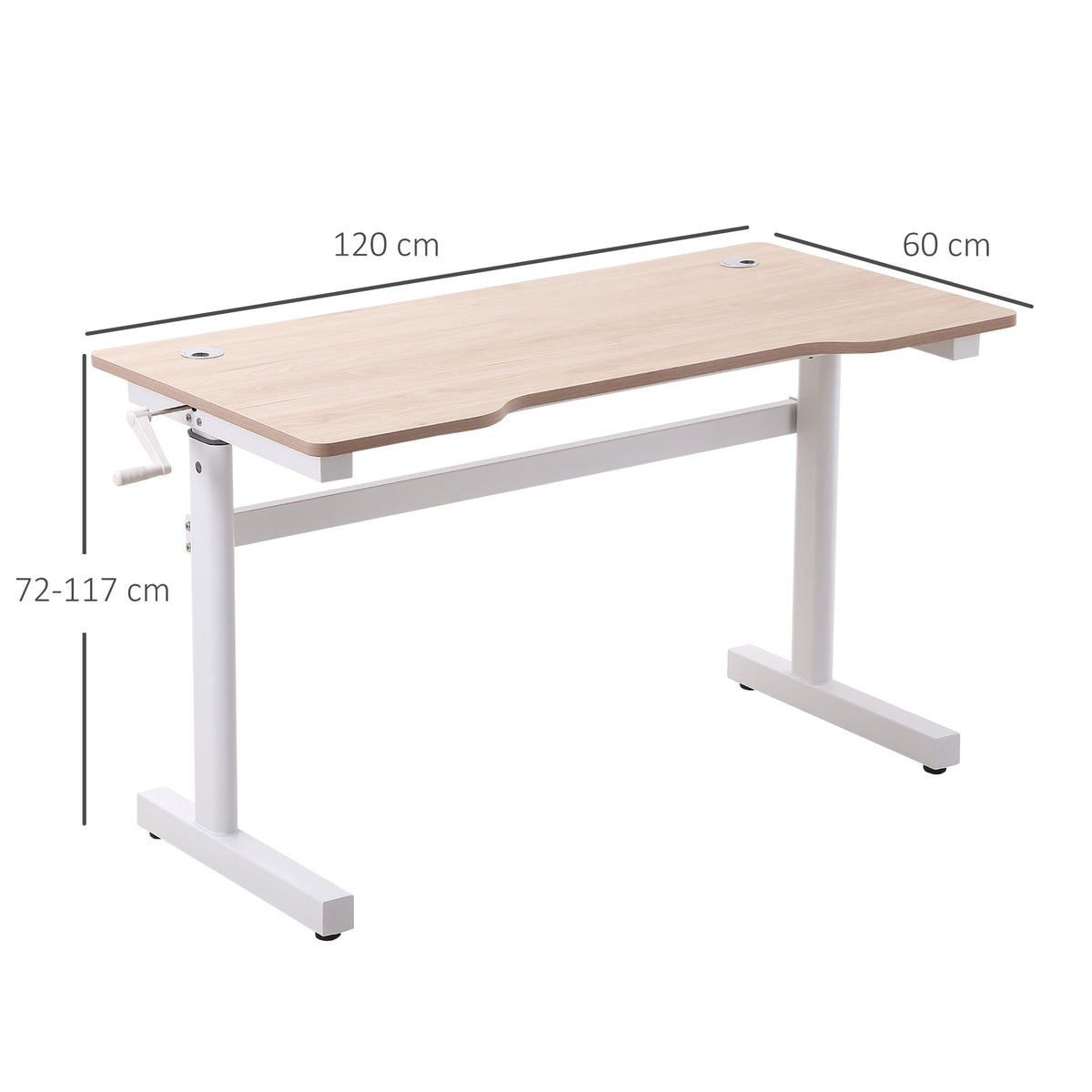 Secretária de Pé com Altura Ajustável a Manivela e Bancada de Carbono Secretária Elevatória para Escritório Estúdio Sala de Estar Carga Máxima 150kg 120x60x72-117cm Madeira e Branco — foto 3