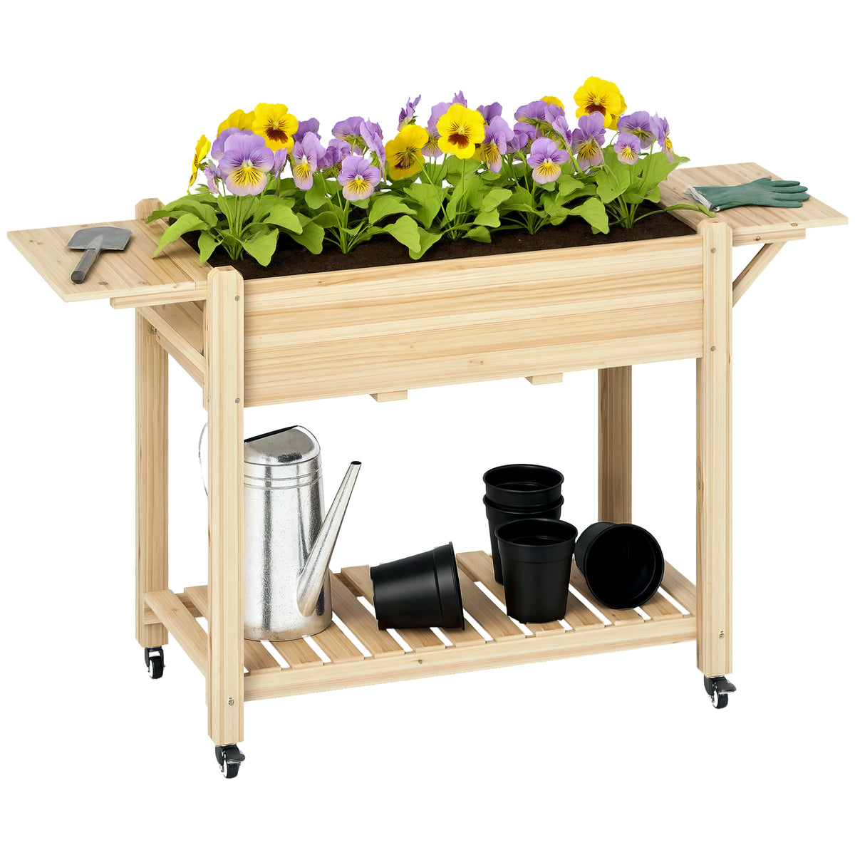 Floreira de Madeira Mesa de Cultivo com Rodas Prateleira e Laterais Dobráveis Floreira Elevada para Cultivo de Flores Vegetais em Jardim Varanda 145x52x86 cm Madeira — foto 1