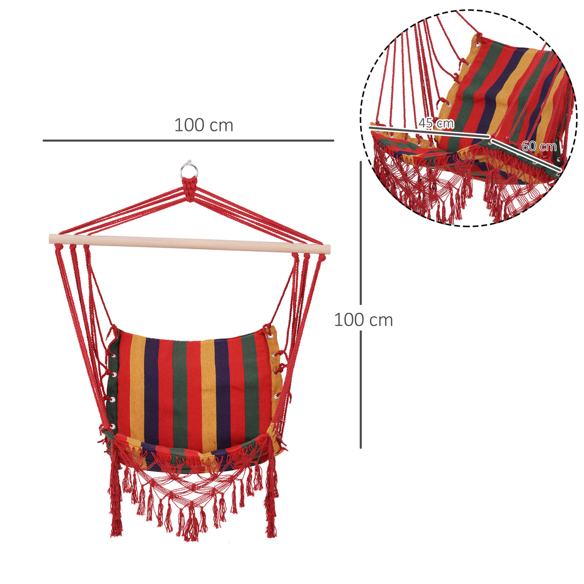 Cadeira de rede suspensa de tecido de algodão poliéster Carga de 120 kg Poltrona suspensa para terraço interno ao ar livre 100x60x100 cm Multicolor — foto 3