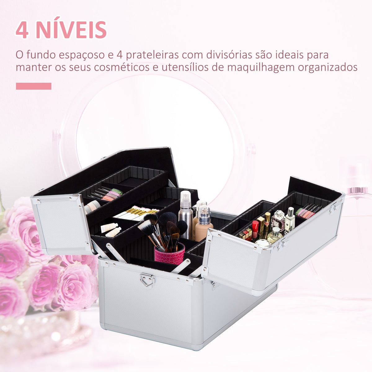 Mala de Maquilhagem Estojo de Maquilhagem de 3 Níveis para Cosméticos Joias Maquilhagem 36,5x24x29cm Prata — foto 4