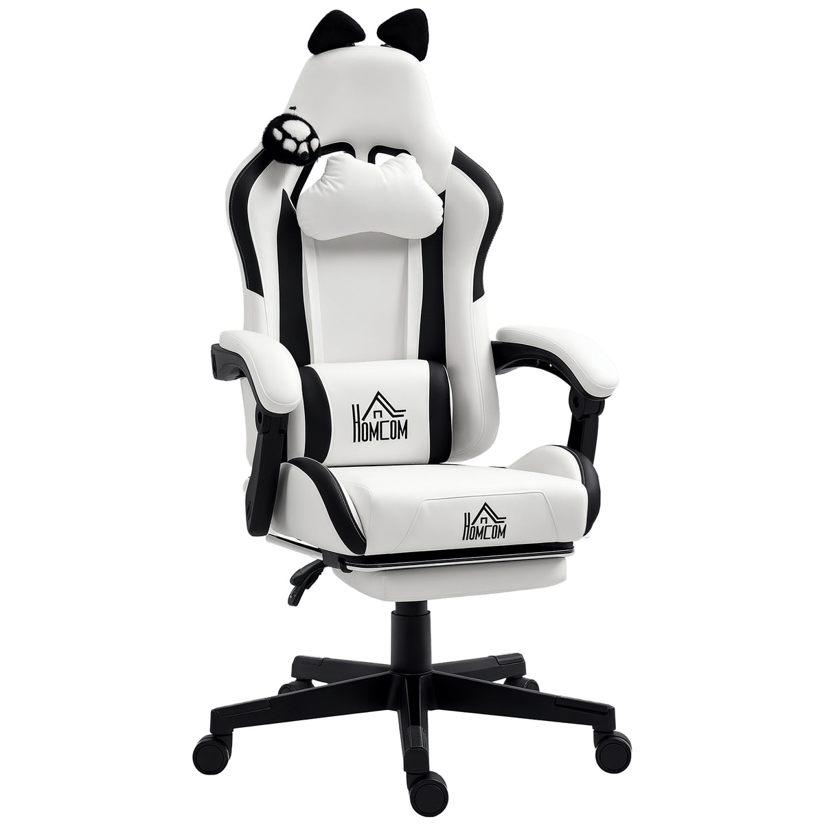 Cadeira Gaming com Orelhas Cadeira Gamer Reclinável com Altura Ajustável Apoio para os Pés Retrátil Suporte Lombar e Apoio para a Cabeça Desmontável Cadeira para Escritório 65x62x116-124 cm Branco — foto 1