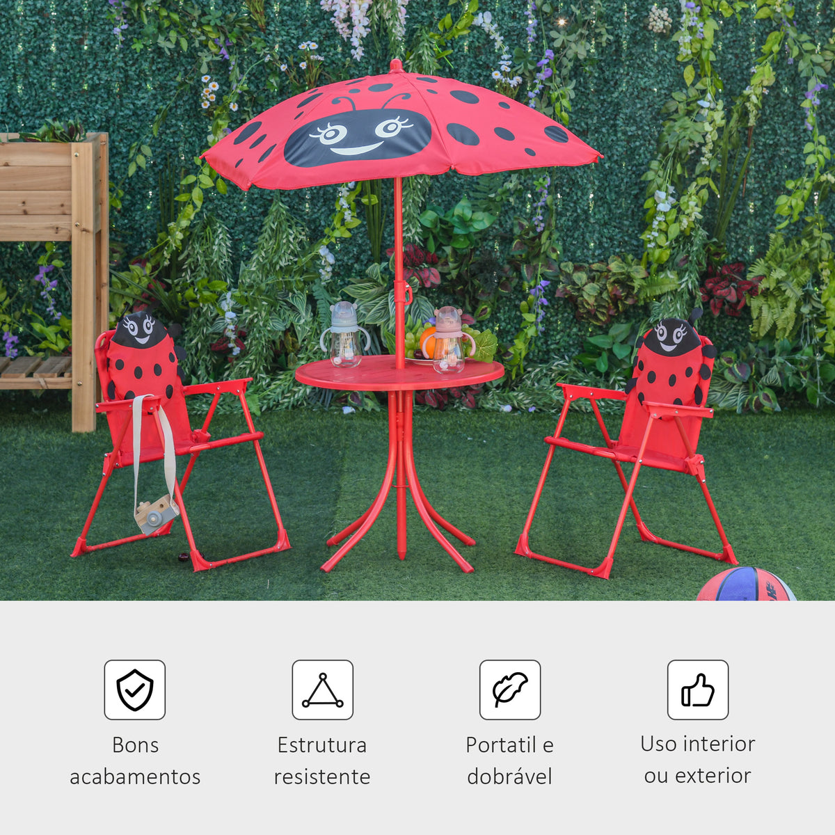 Conjunto de Mesa e Cadeira de Jardim Conjunto de Picnic Dobrável para Crianças Conjunto de Mesa com Chapéu de Sol com Altura Ajustável 100-125cm Desenho de Joaninha Vermelho — foto 5