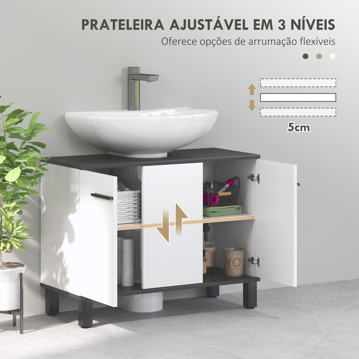 Móvel para Lavatório Pousar Móvel para Lavatório Pedestral Móvel Casa de Banho com 2 Portas e Prateleira Ajustável para Lavatório com ou sem Pedestral 80x34x60 cm Branco Brilhante — foto 5
